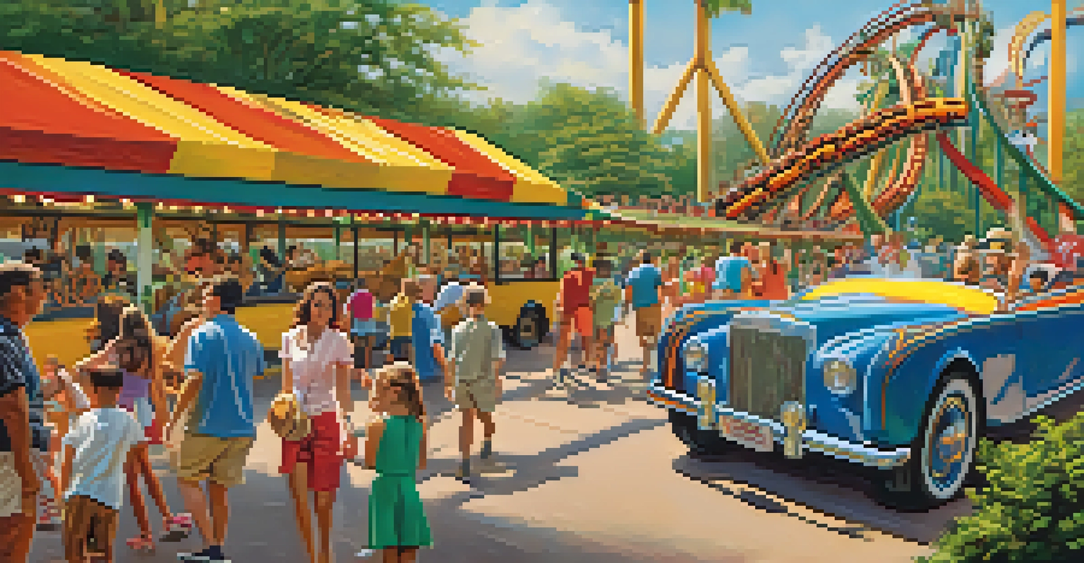 A lively scene at Busch Gardens with families enjoying rides, colorful roller coasters, and exotic plants in the theme park.