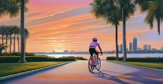 A cyclist enjoying a peaceful ride along a waterfront boulevard during sunset, with colorful skies and scenic views.