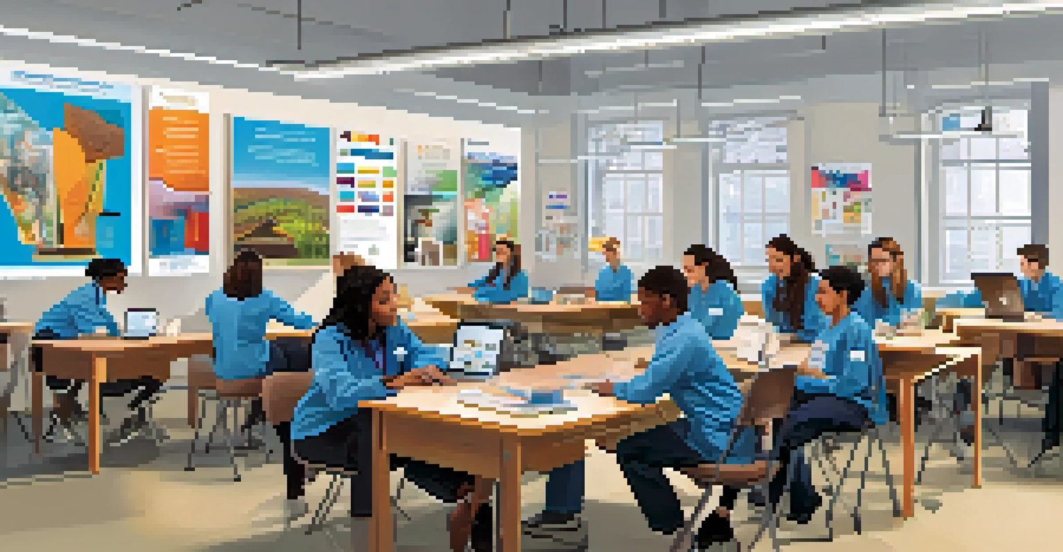 A bright classroom filled with diverse students participating in a hands-on training session, with technology tools and career posters on the walls.