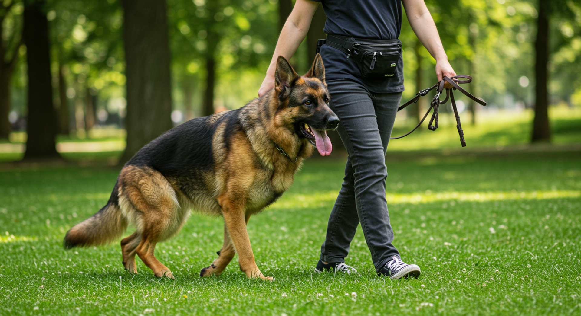 a woman is walking a german shepherd in a park