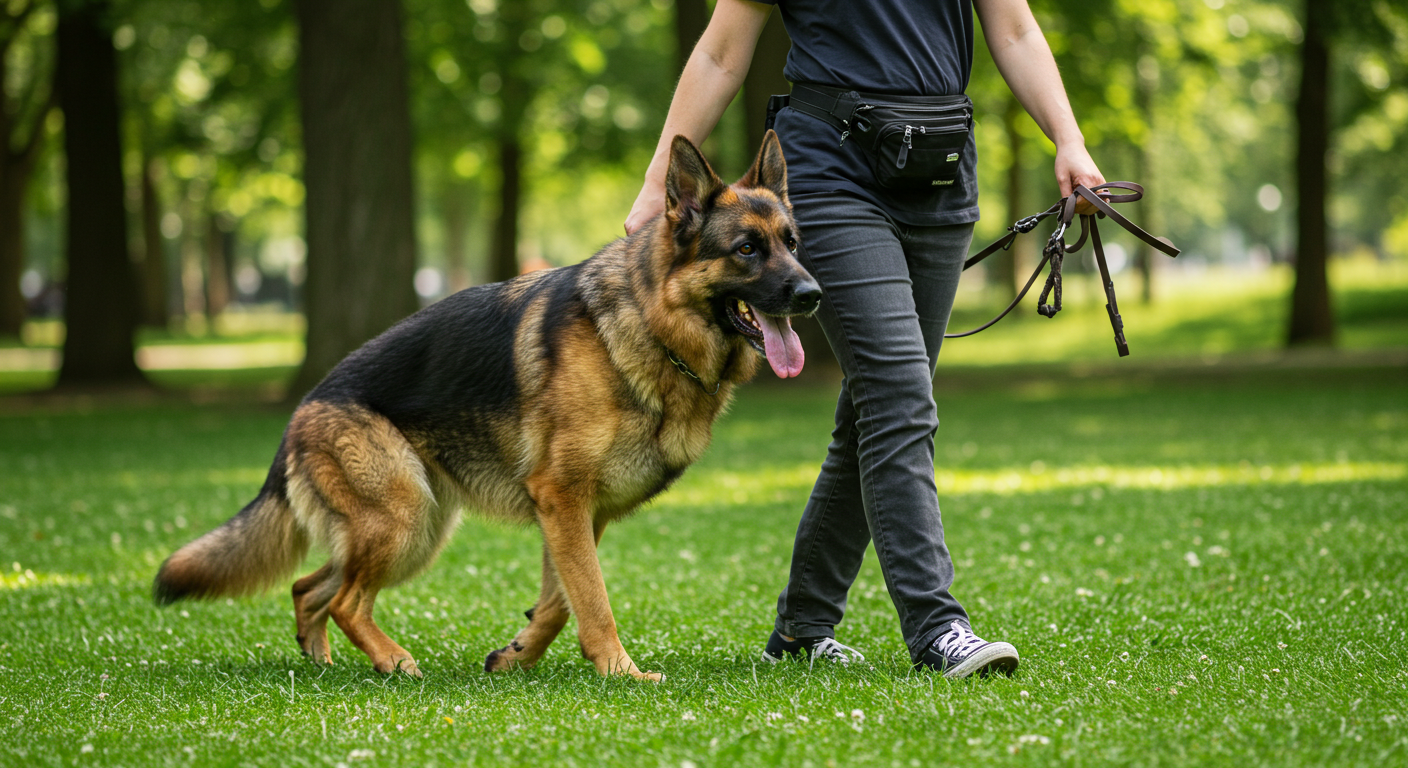 a woman is walking a german shepherd in a park