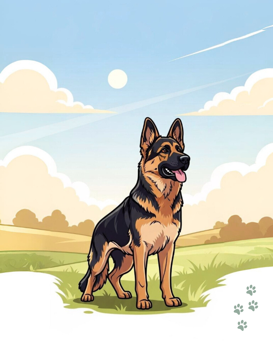 Illustration of a German Shepherd standing on grass with a clear sky and clouds in the background.