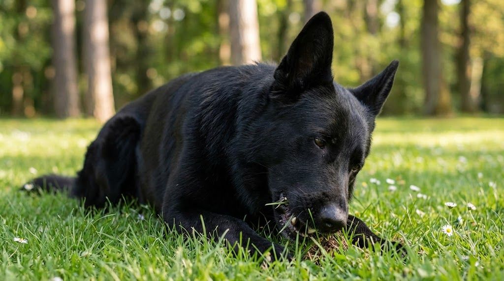 German Shepherd eating grass in a field at sunset