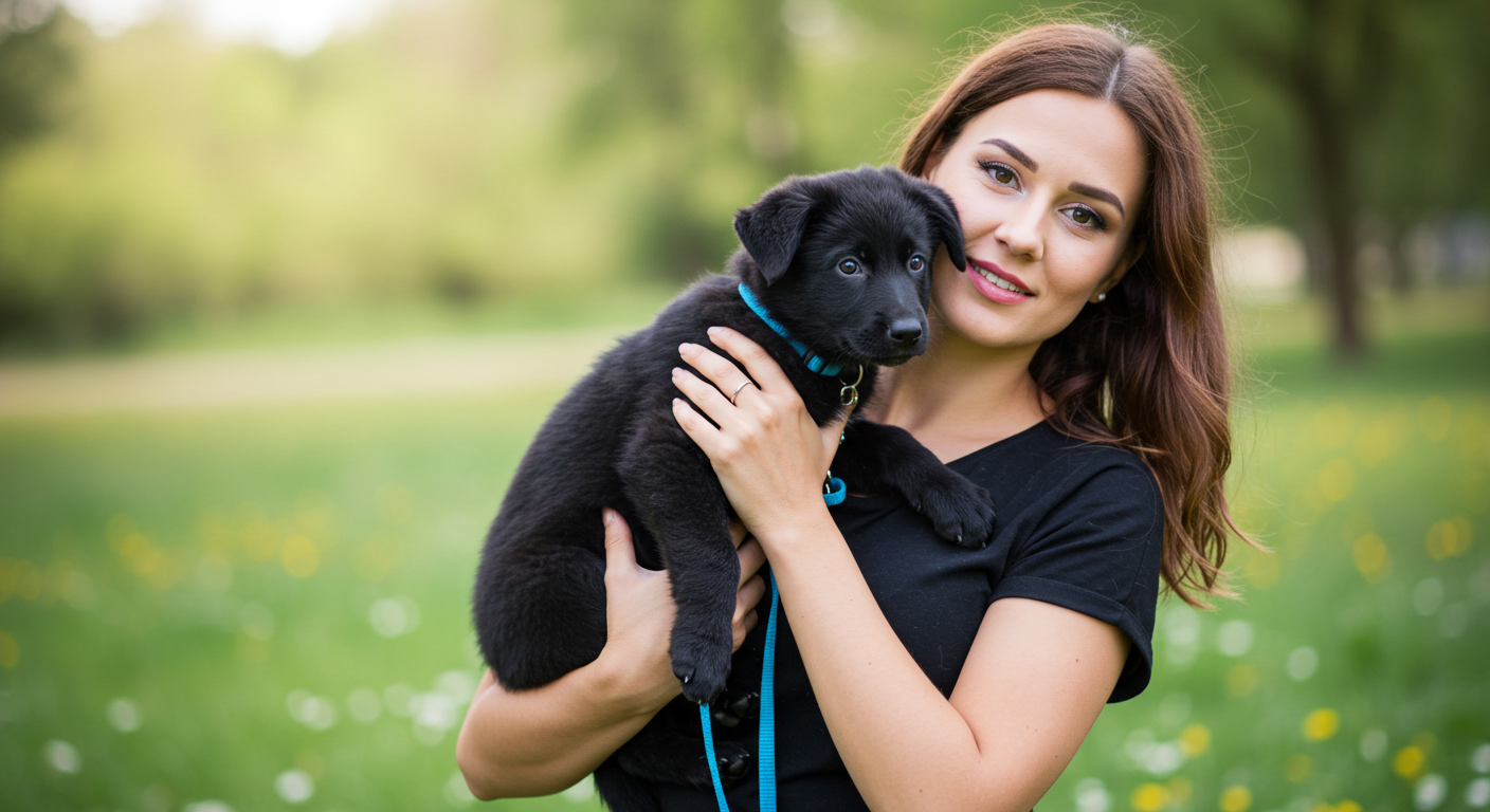 a woman is holding a black puppy with a blue collar