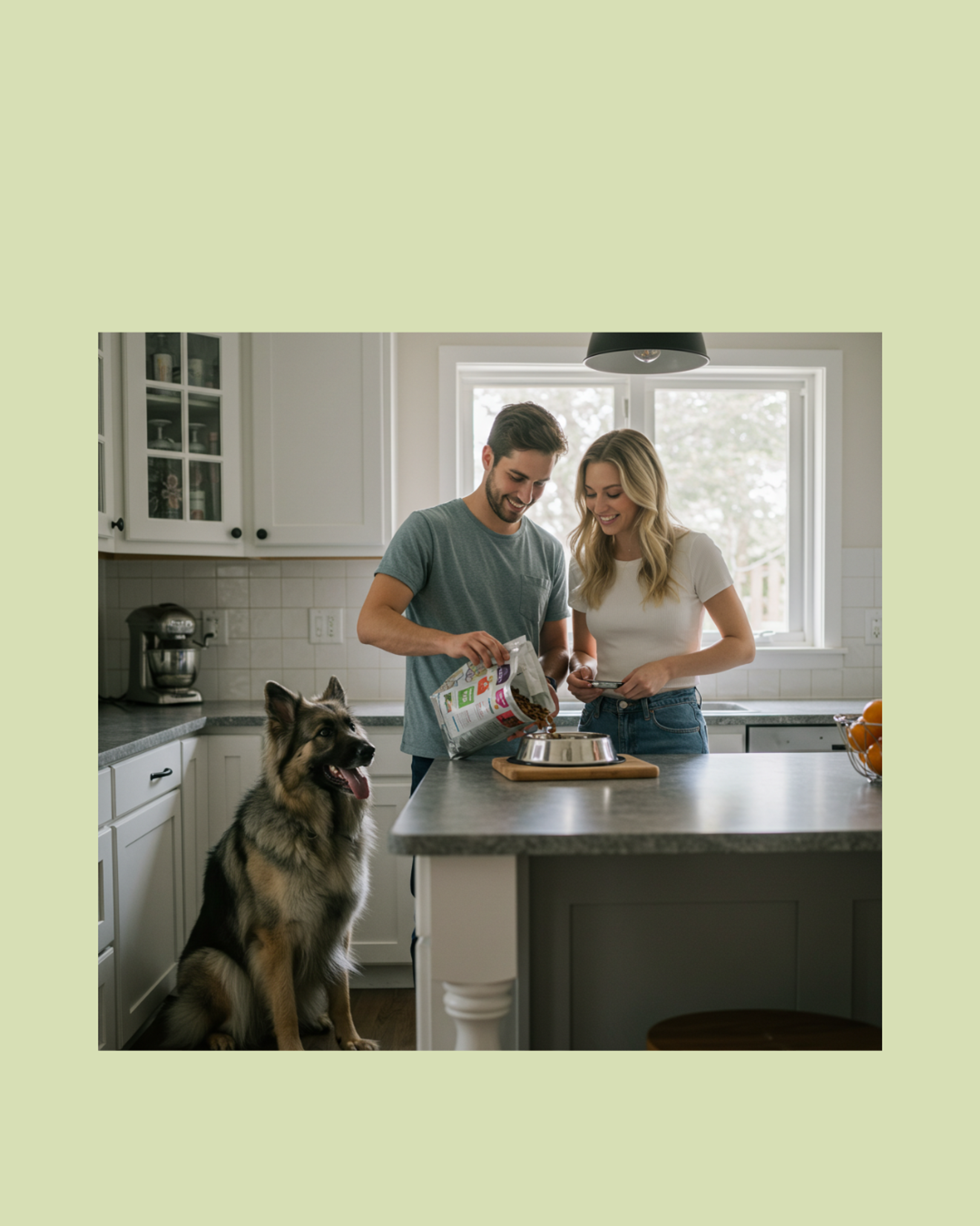 German Shepherd sitting in kitchen while two people pour dog food into a bowl on the counter.