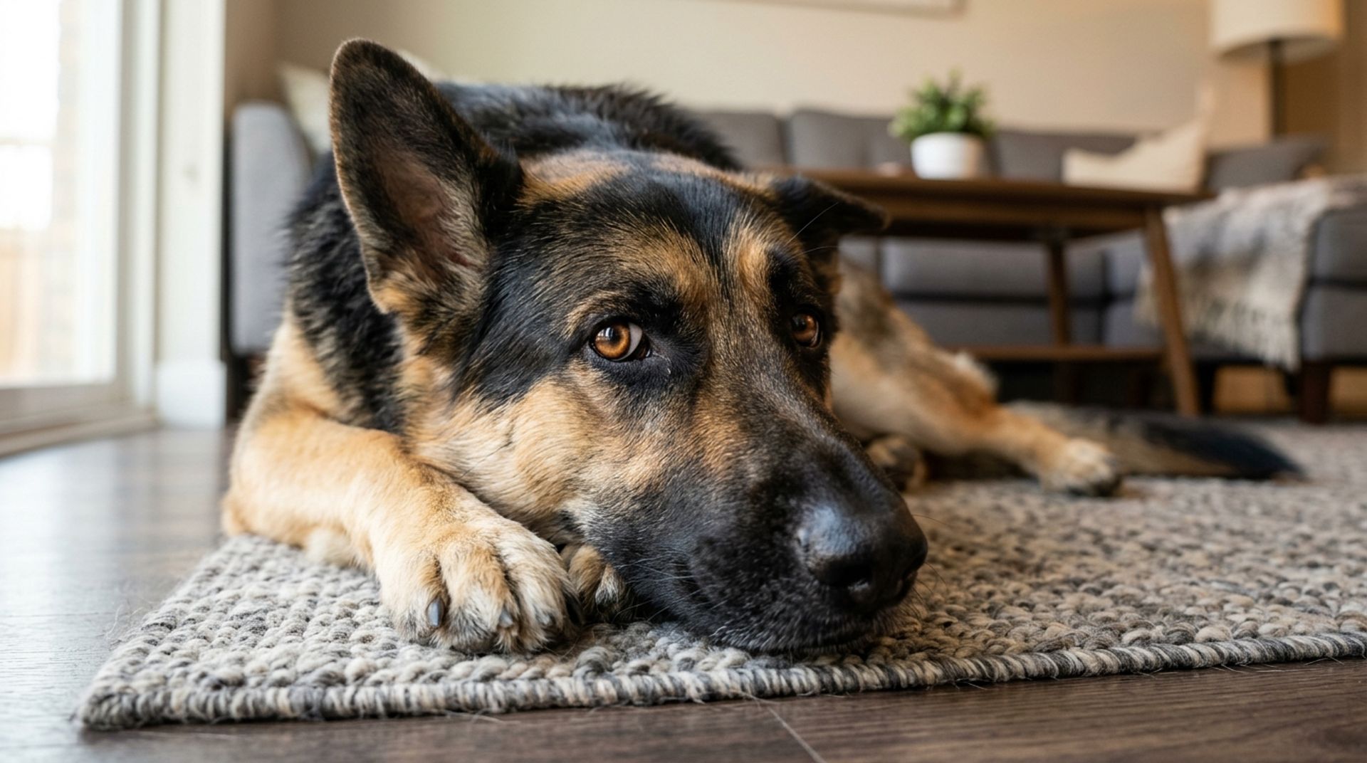German Shepherd giving its owner an intense, dramatic side-eye stare