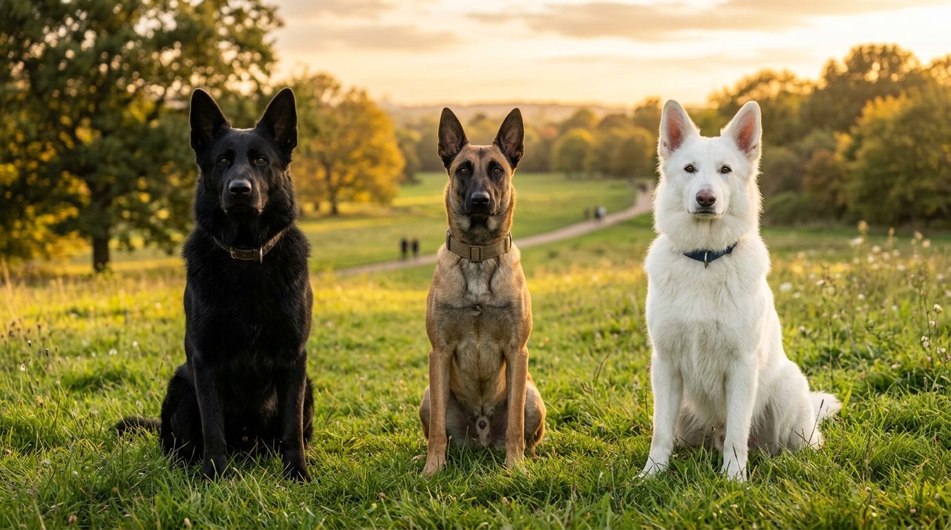 Three shepherd breeds sitting together in a park: a black German Shepherd, Belgian Malinois, and white Swiss Shepherd