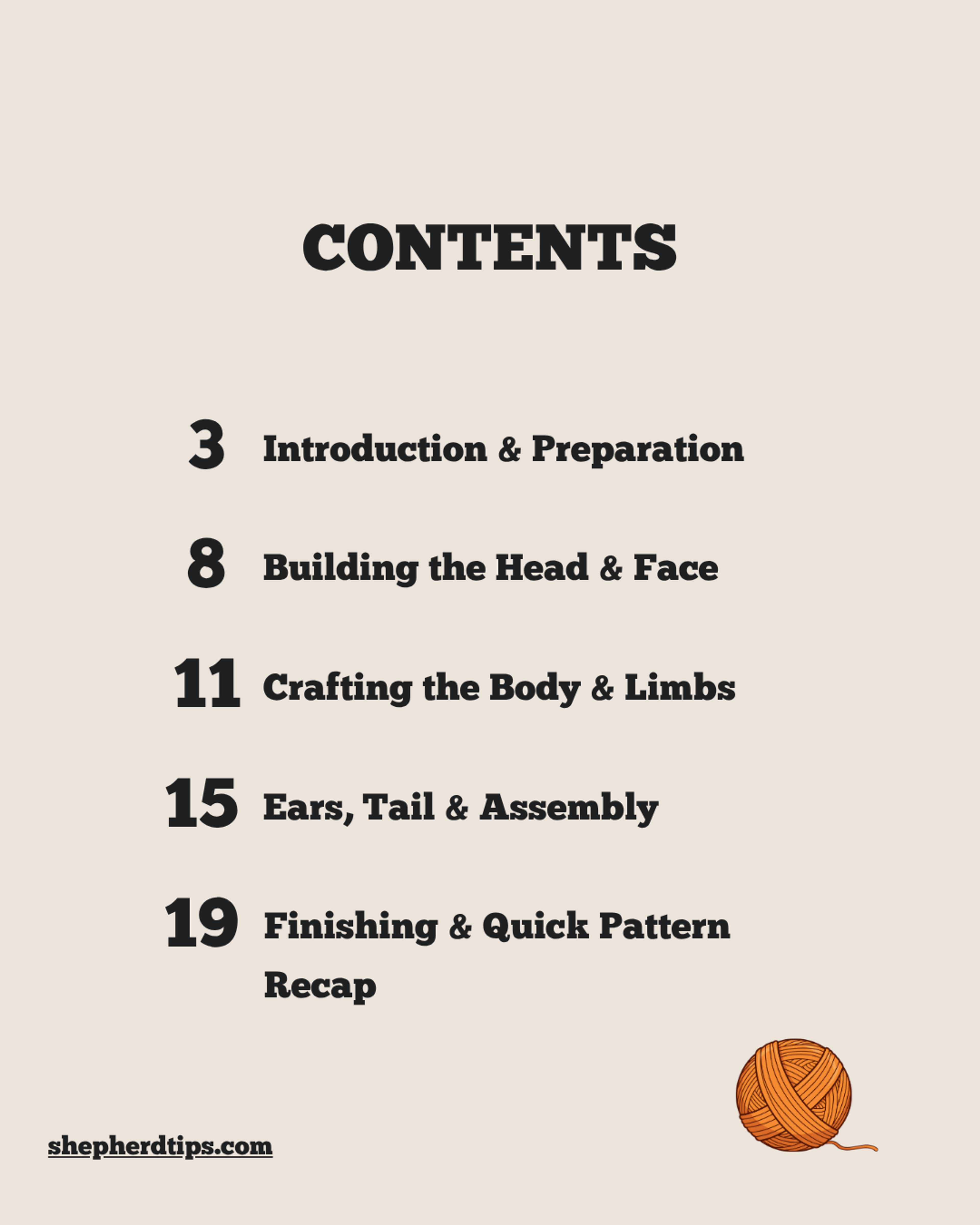 Crochet German Shepherd pattern PDF showing table of contents with sections on introduction, building head and face, crafting body and limbs, ears and tail assembly, and finishing steps