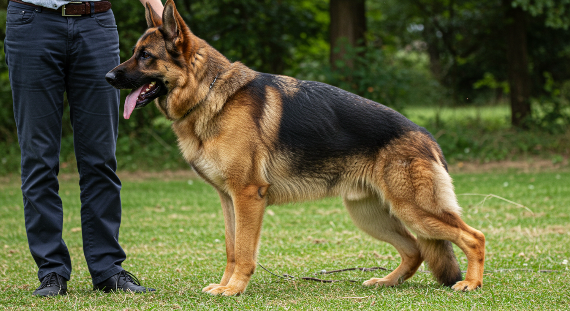 a man standing next to a german shepherd on a leash
