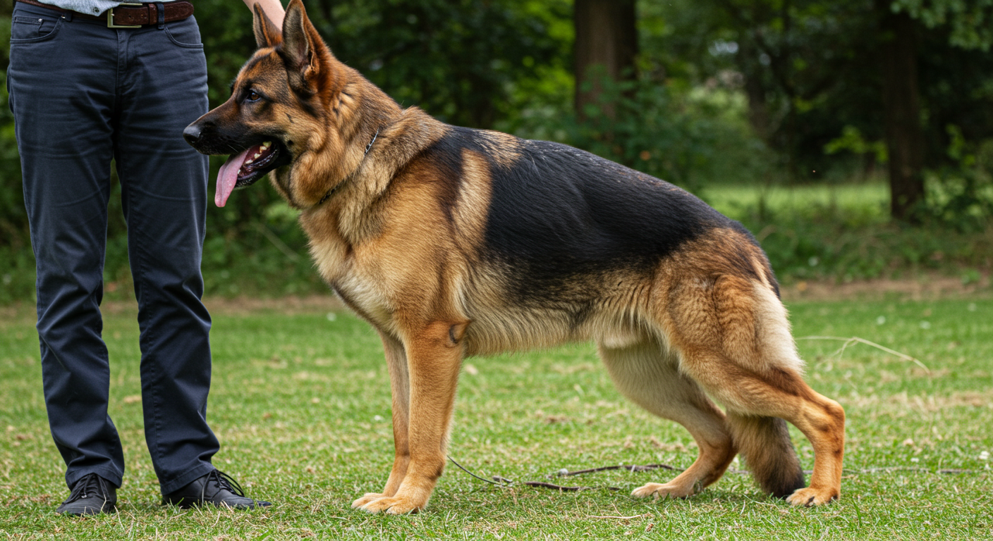 a man standing next to a german shepherd on a leash