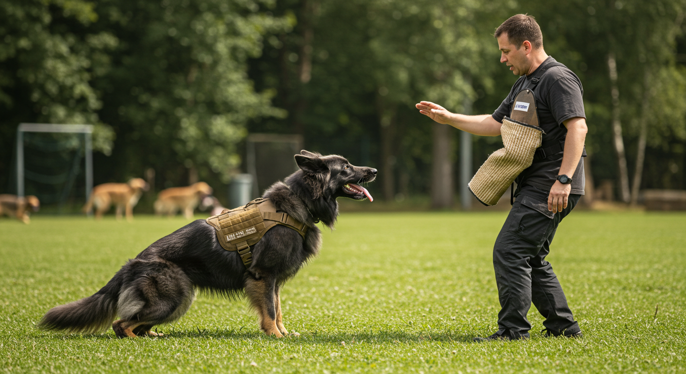 a man playing with a german shepherd that has a vest that says k9 on it
