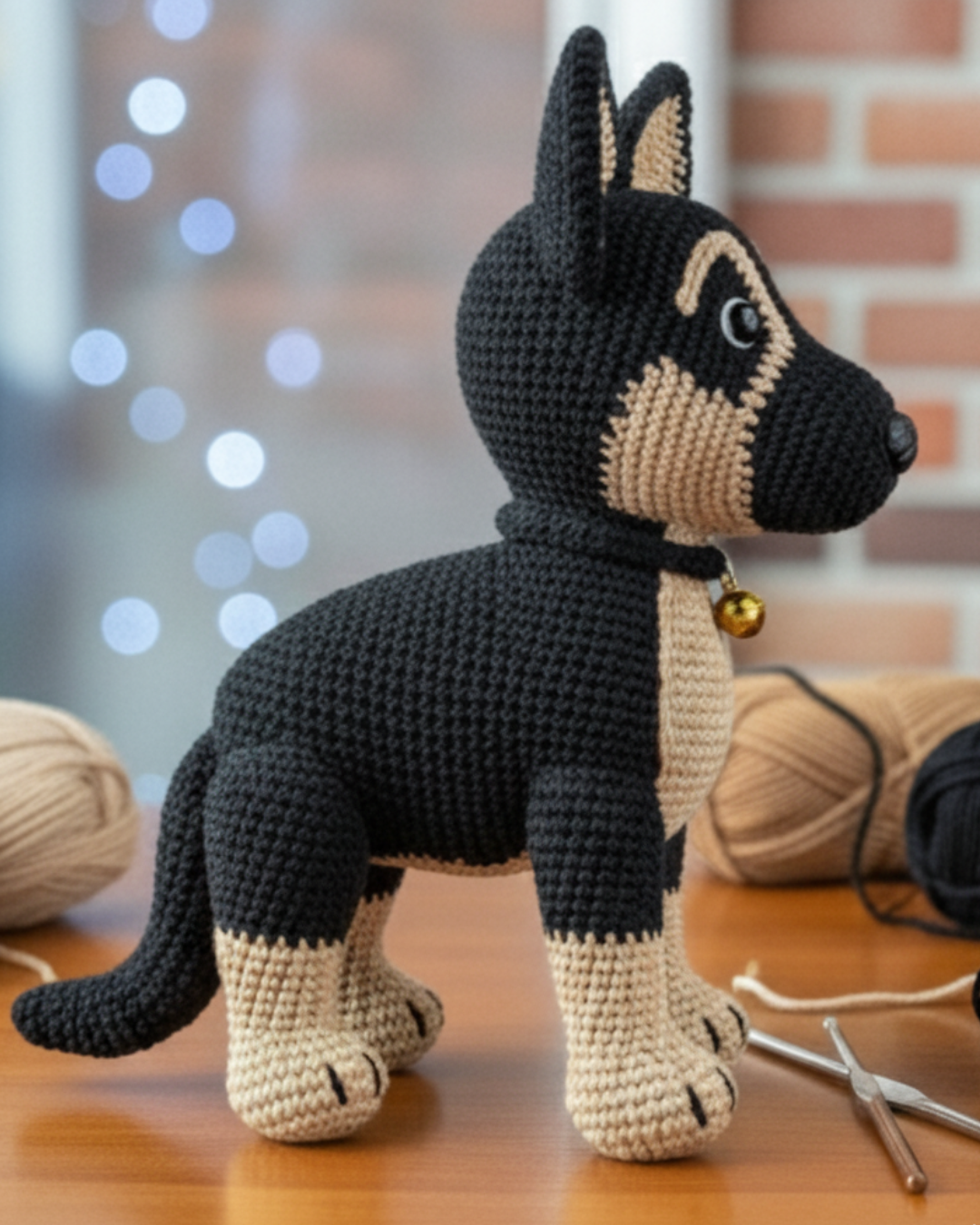Crochet German Shepherd amigurumi showing side view with detailed stitching and realistic design, yarn and crochet hooks visible