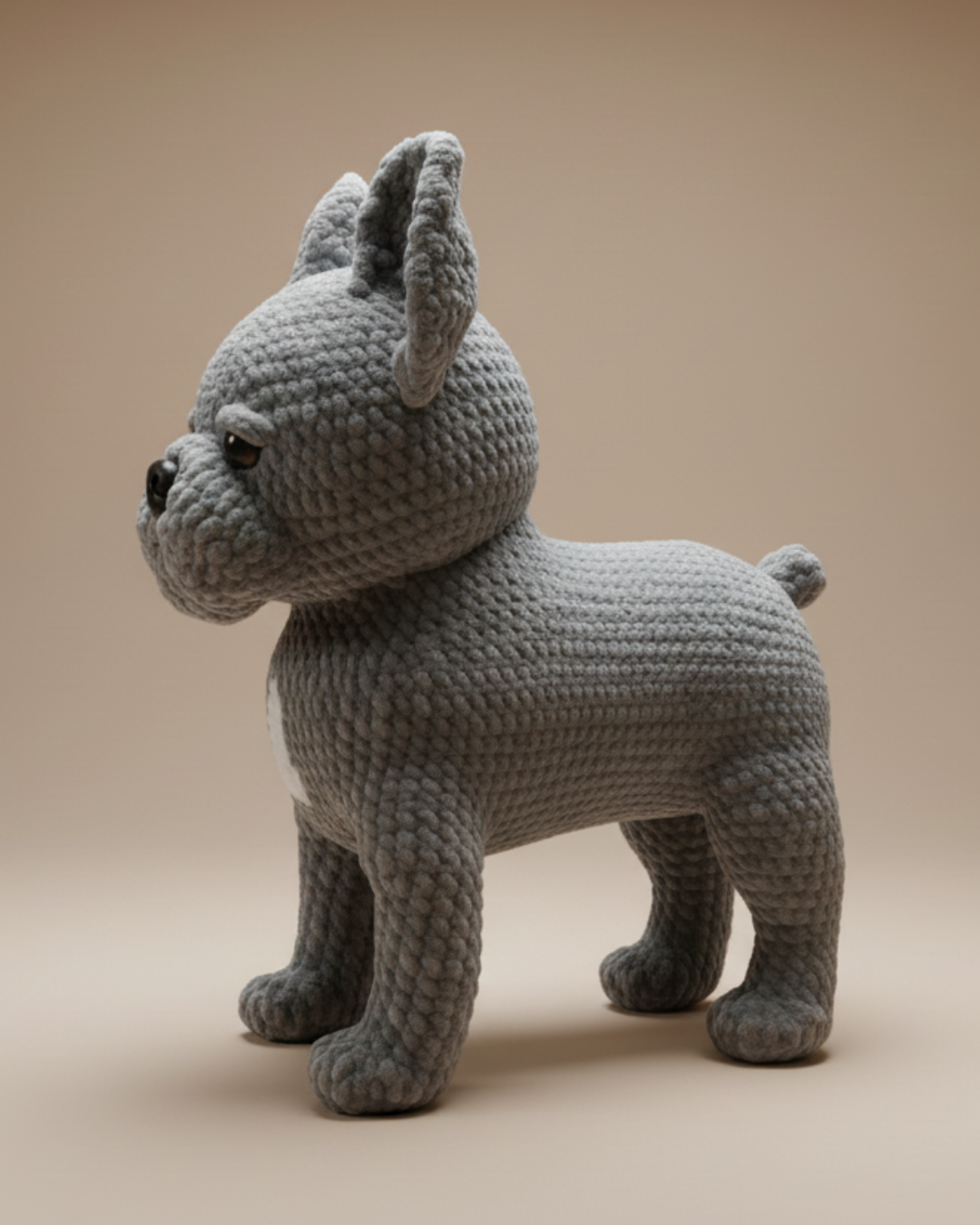Bulldog crochet pattern amigurumi showing side view with detailed stitching and realistic design