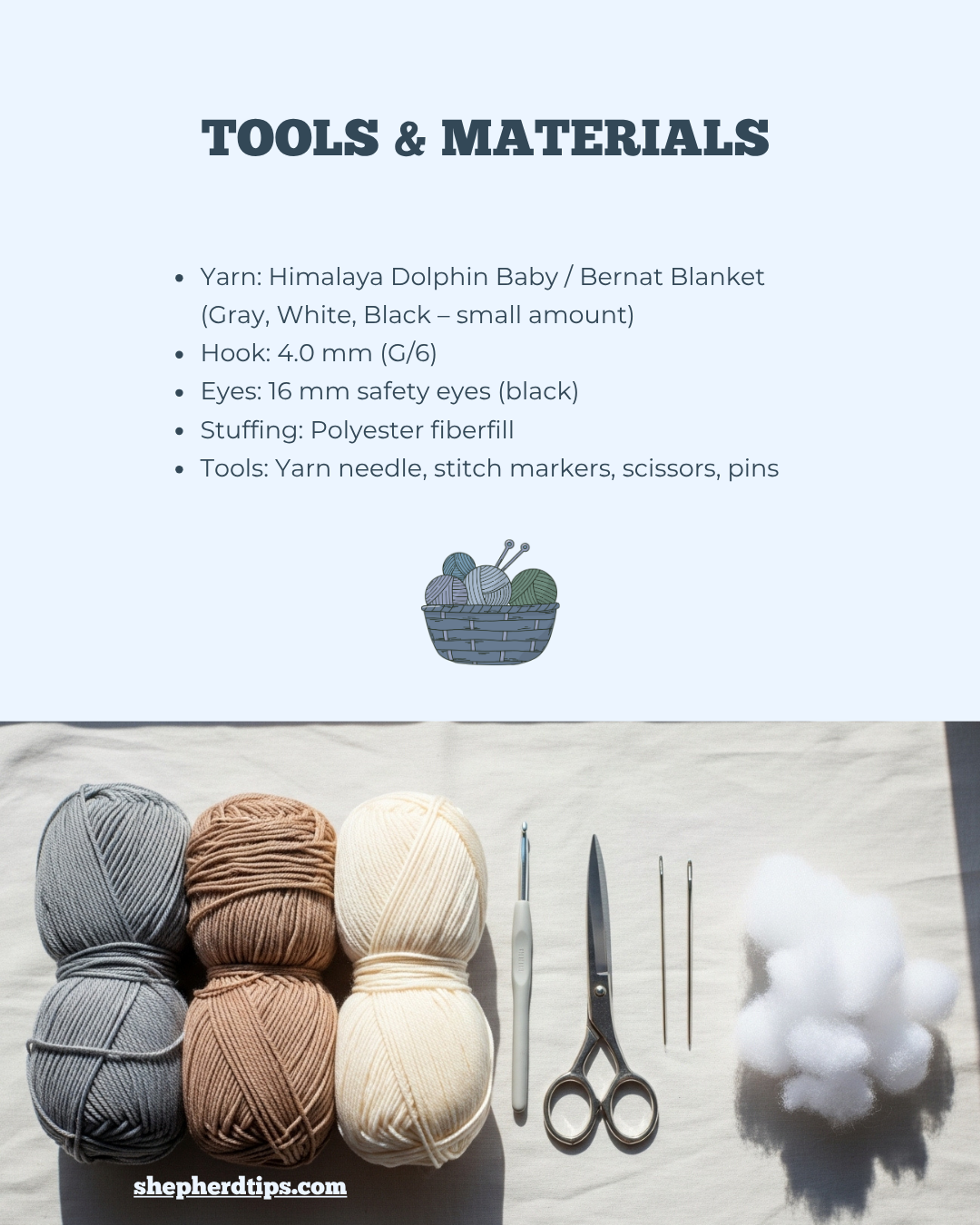 Husky crochet pattern PDF showing tools and materials list with yarn, hook, safety eyes, stuffing, and tools like scissors and needles