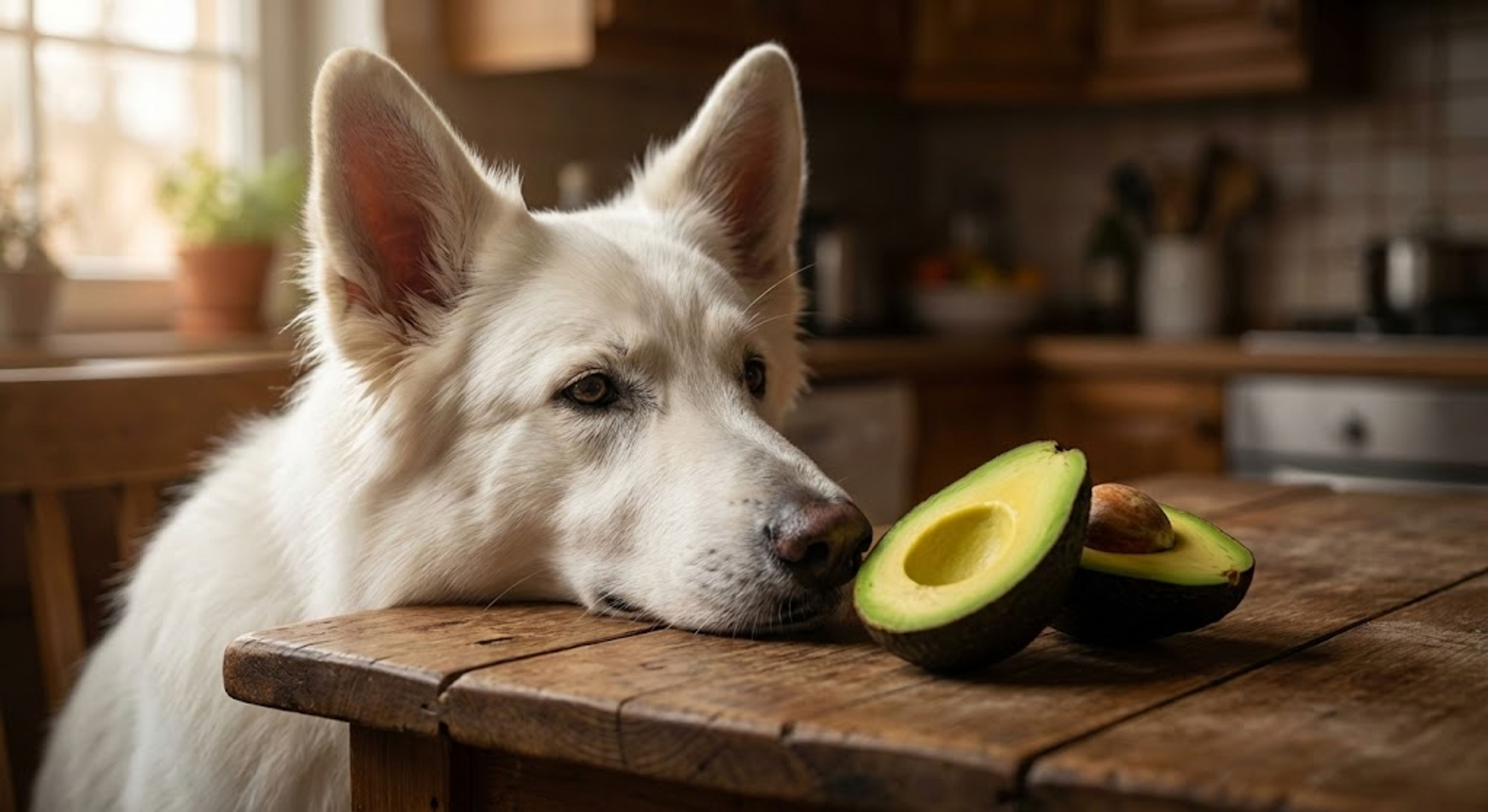 German Shepherd with sliced avocado, illustrating safe feeding