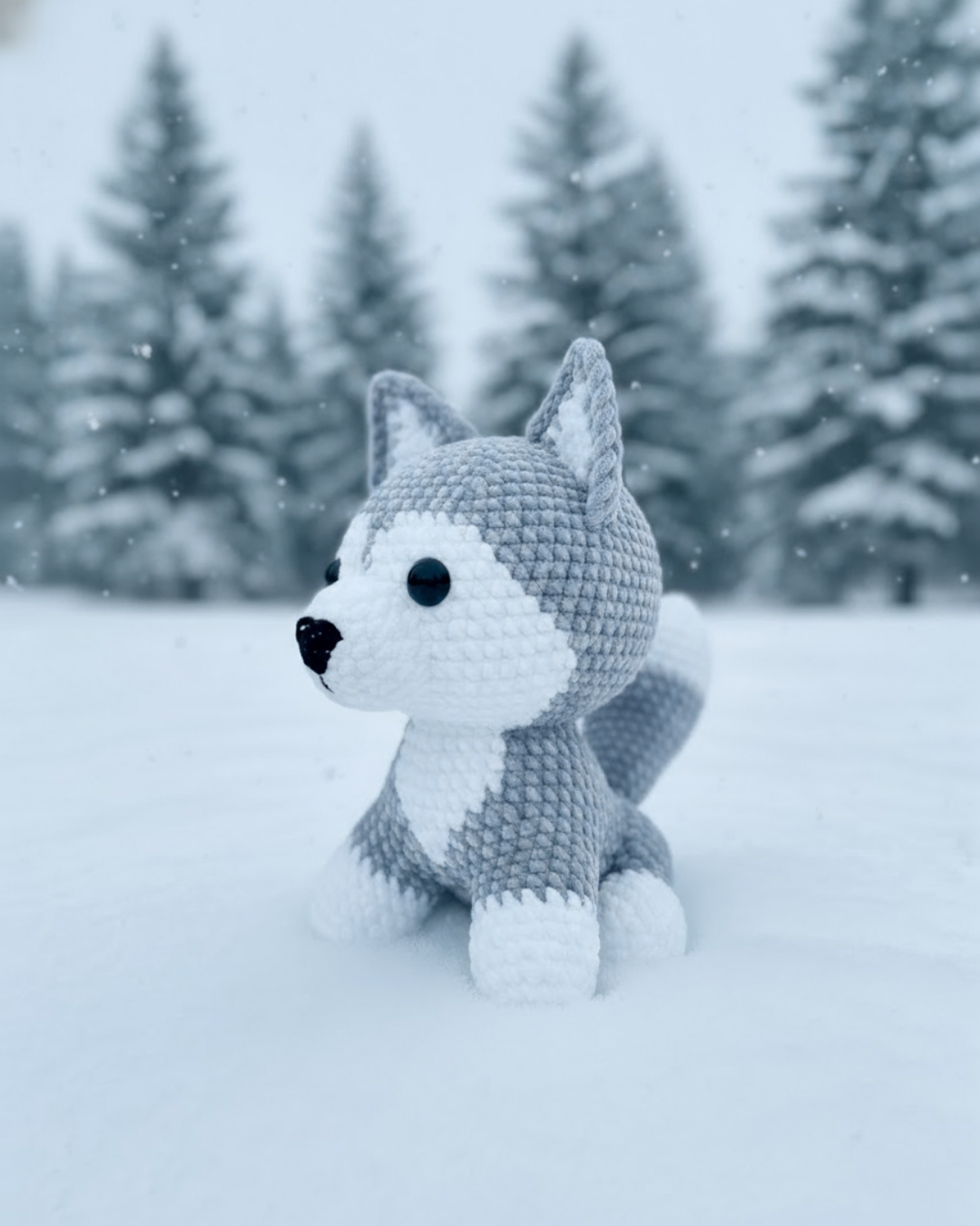 Husky crochet pattern amigurumi showing the front view of a finished crochet husky with detailed features, set against a snowy background with trees.