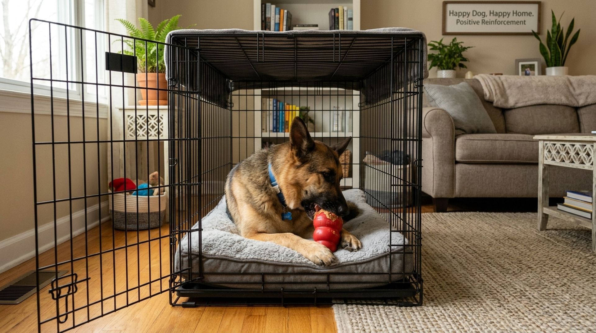 German Shepherd relaxing comfortably in a wire crate with a stuffed chew toy