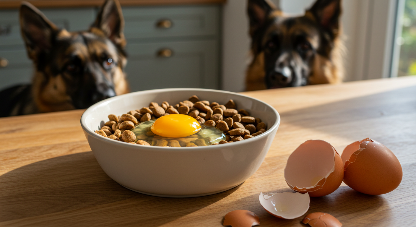 two german shepherds looking at a bowl of dog food with an egg on top