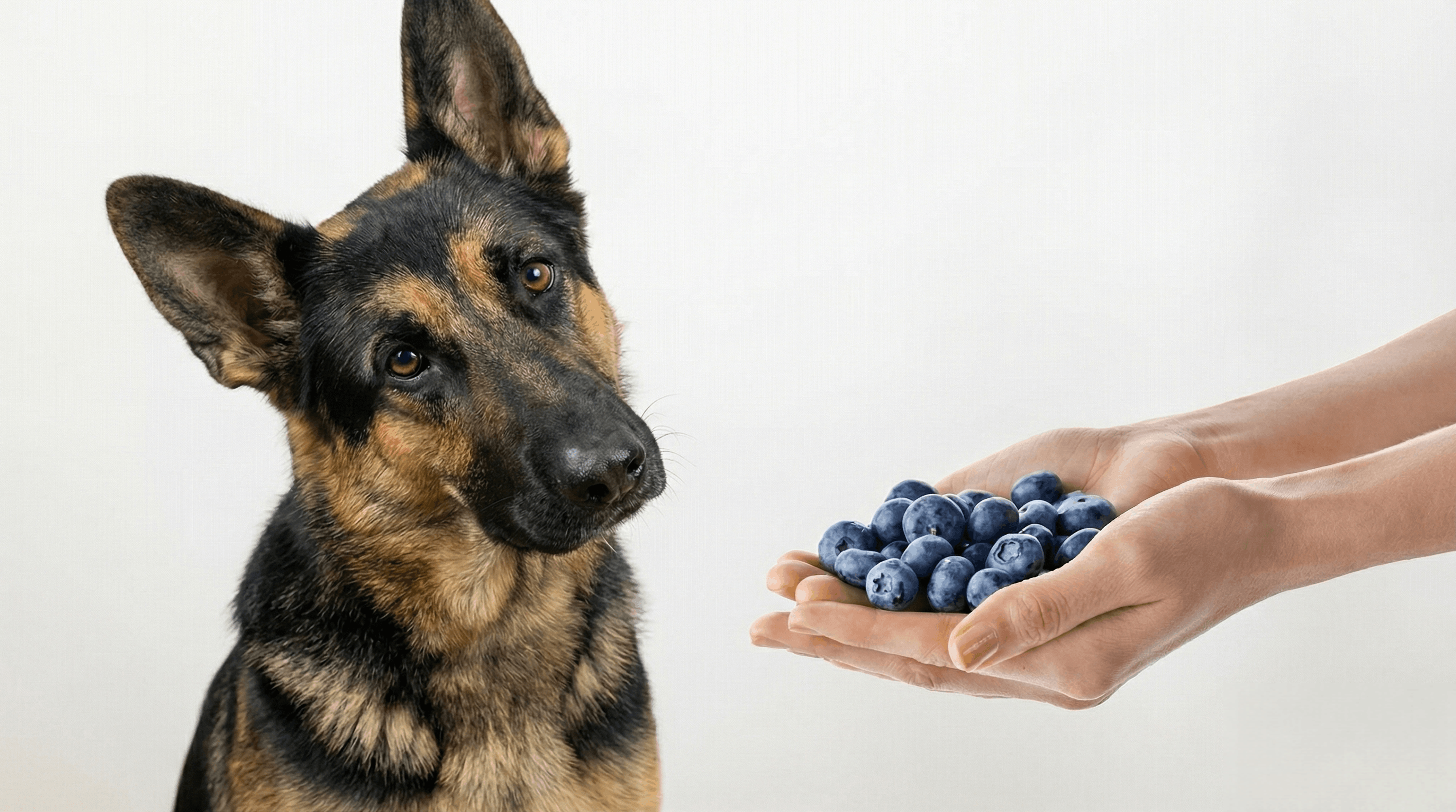 German Shepherd looking at a fresh blueberries