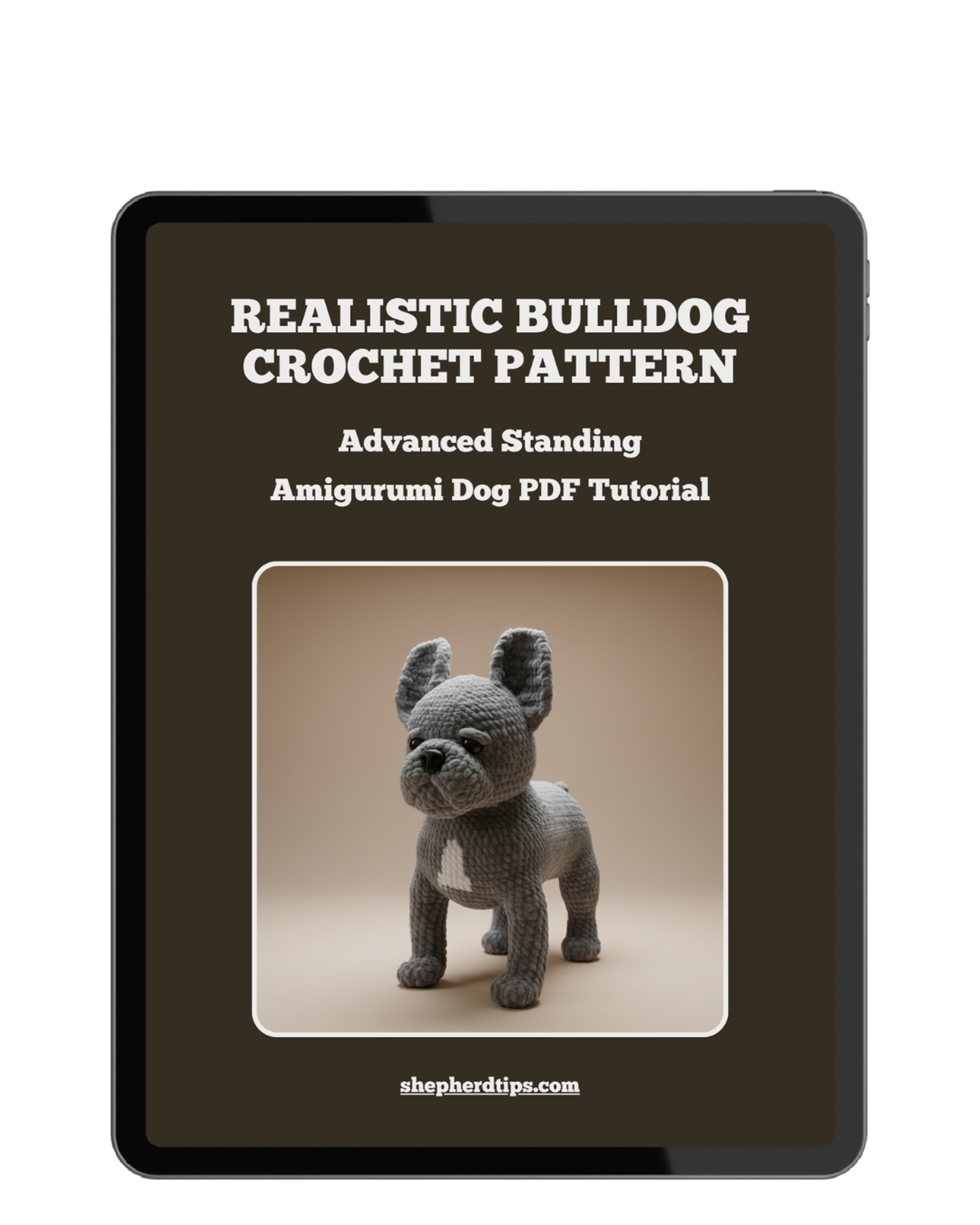 Bulldog crochet pattern amigurumi showing the front view of a realistic standing crochet bulldog with detailed features