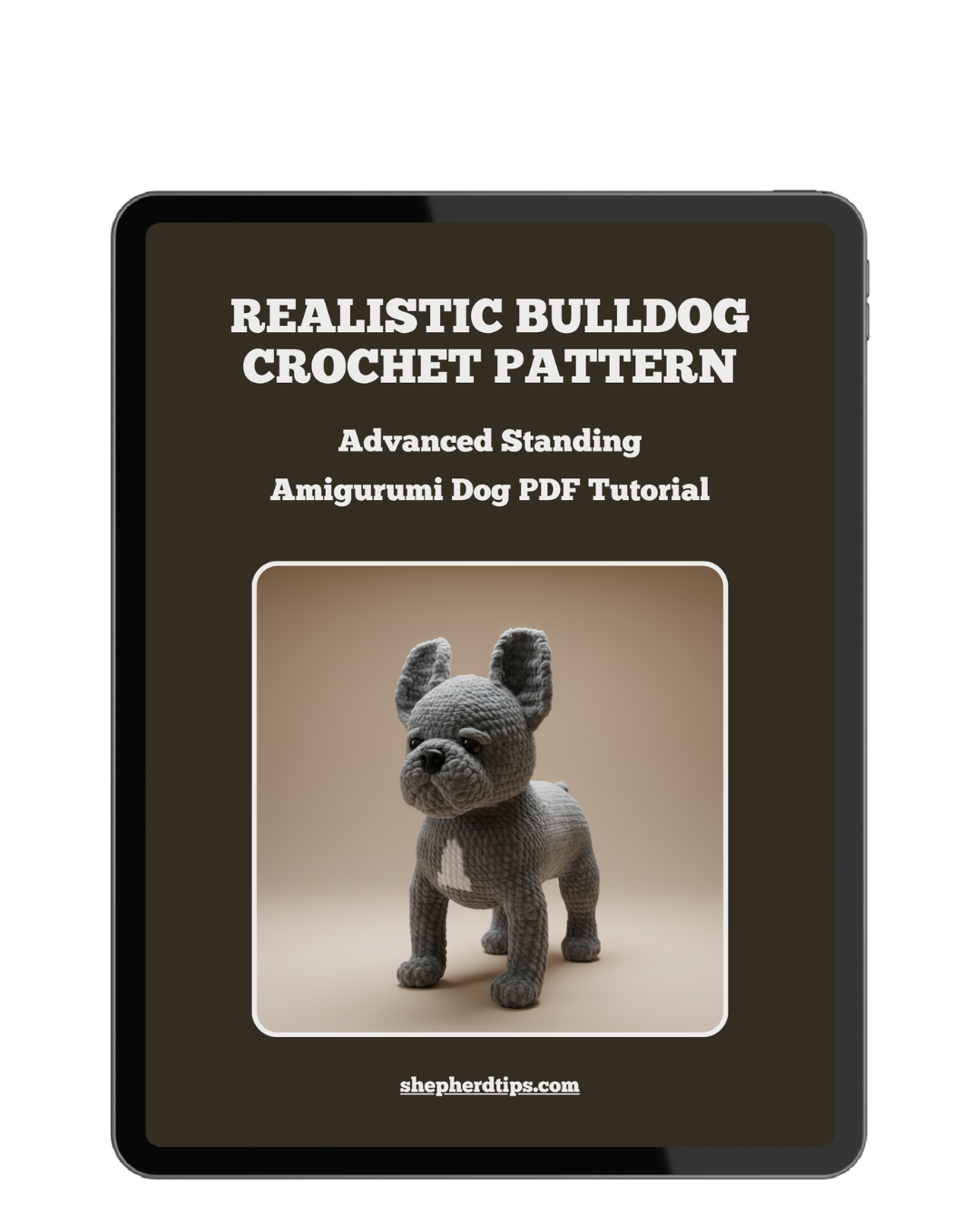 Bulldog crochet pattern amigurumi showing the front view of a realistic standing crochet bulldog with detailed features