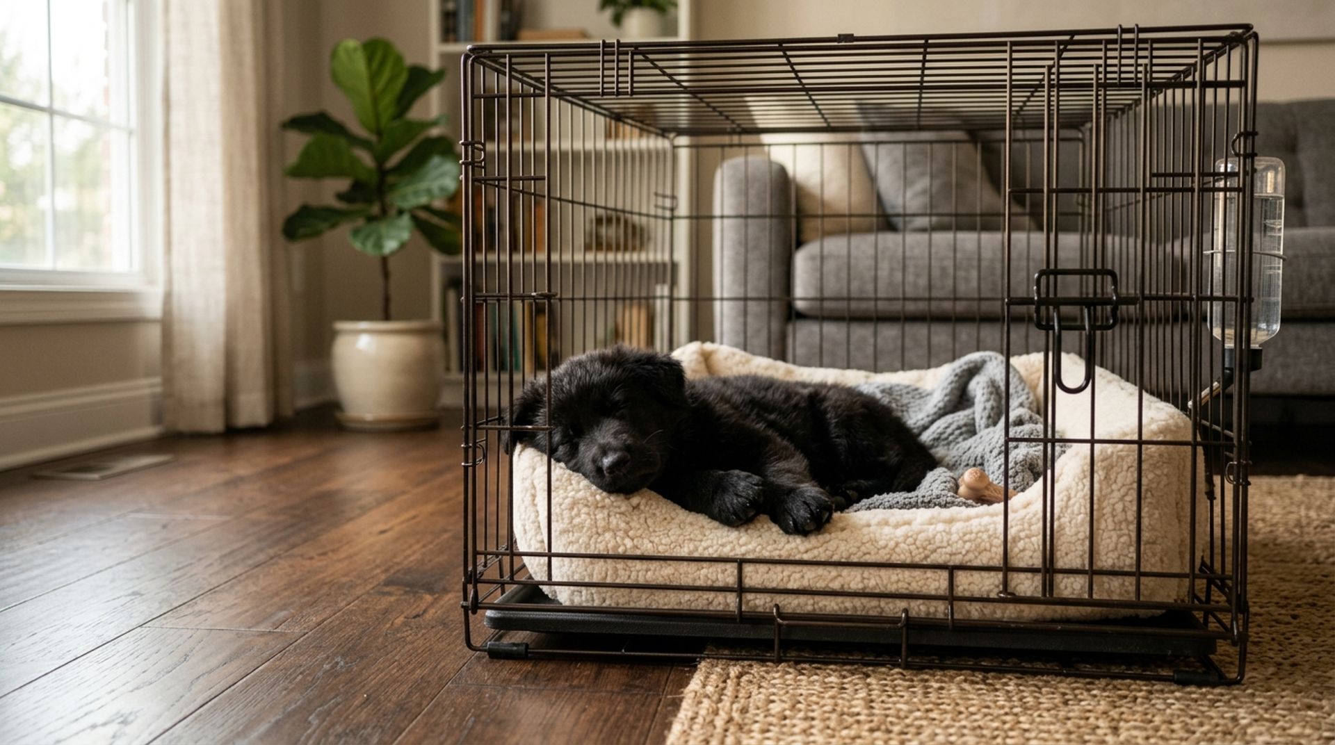 A hyper-realistic 8-week-old solid black German Shepherd puppy resting calmly inside a wire training crate