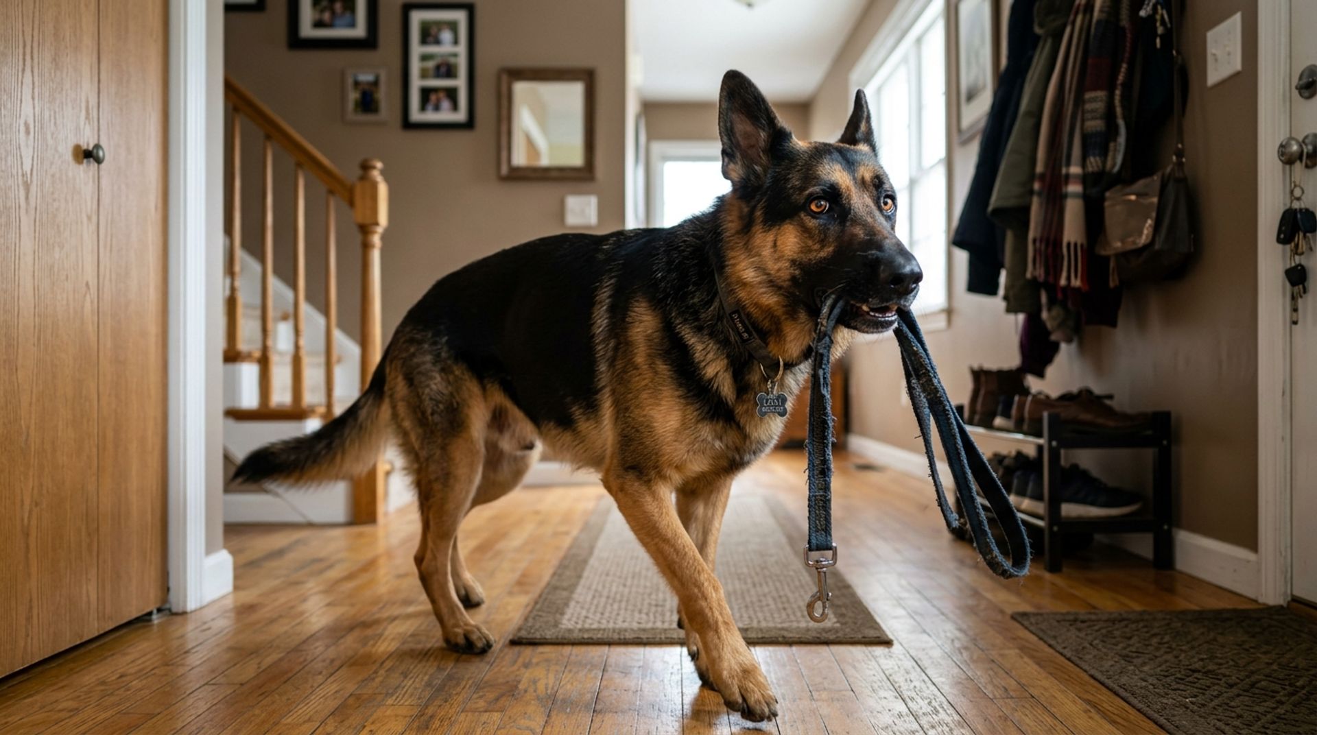 Bored German Shepherd pacing the hallway while holding its leash in its mouth
