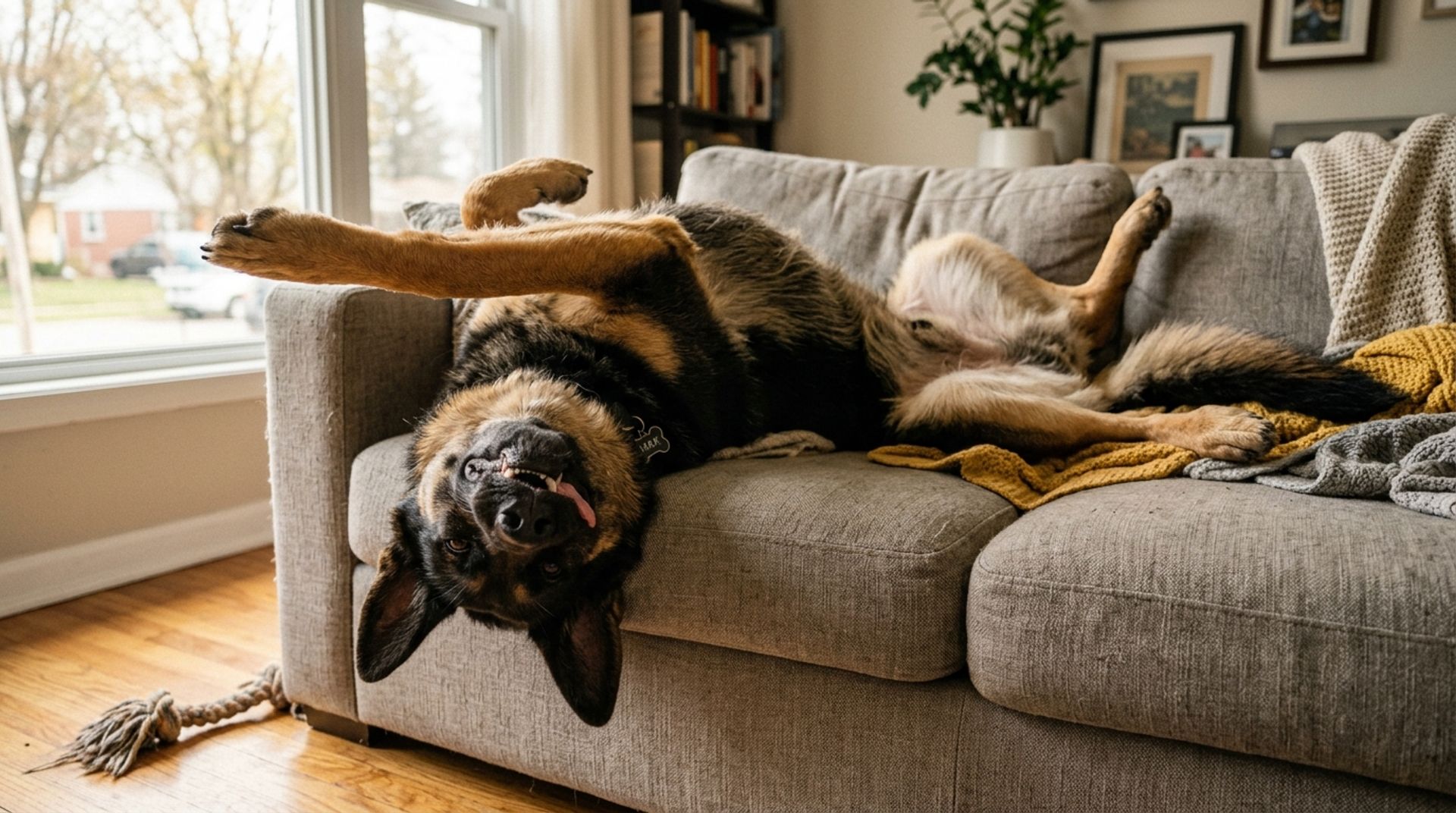 German Shepherd lying in a strategic hallway location guarding multiple doorways simultaneously