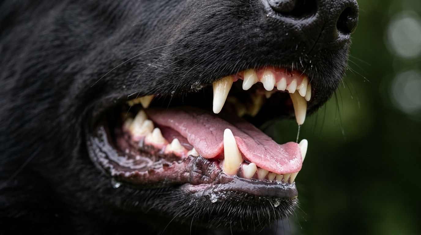 Hyper-realistic close up of perfectly healthy, white canine teeth and pink gums of a solid black German Shepherd