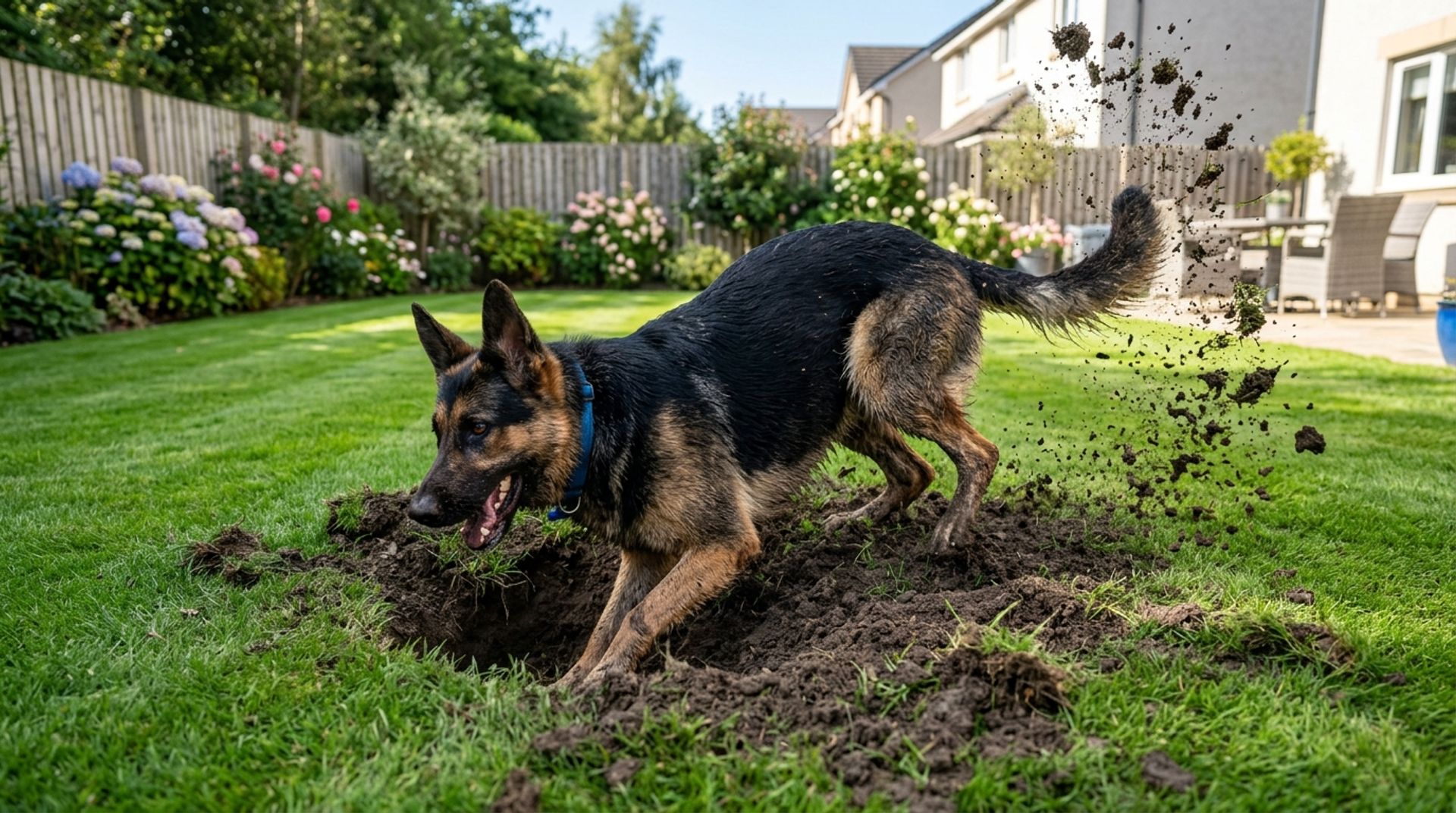 German Shepherd actively digging a huge hole in a manicured lawn, dirt flying