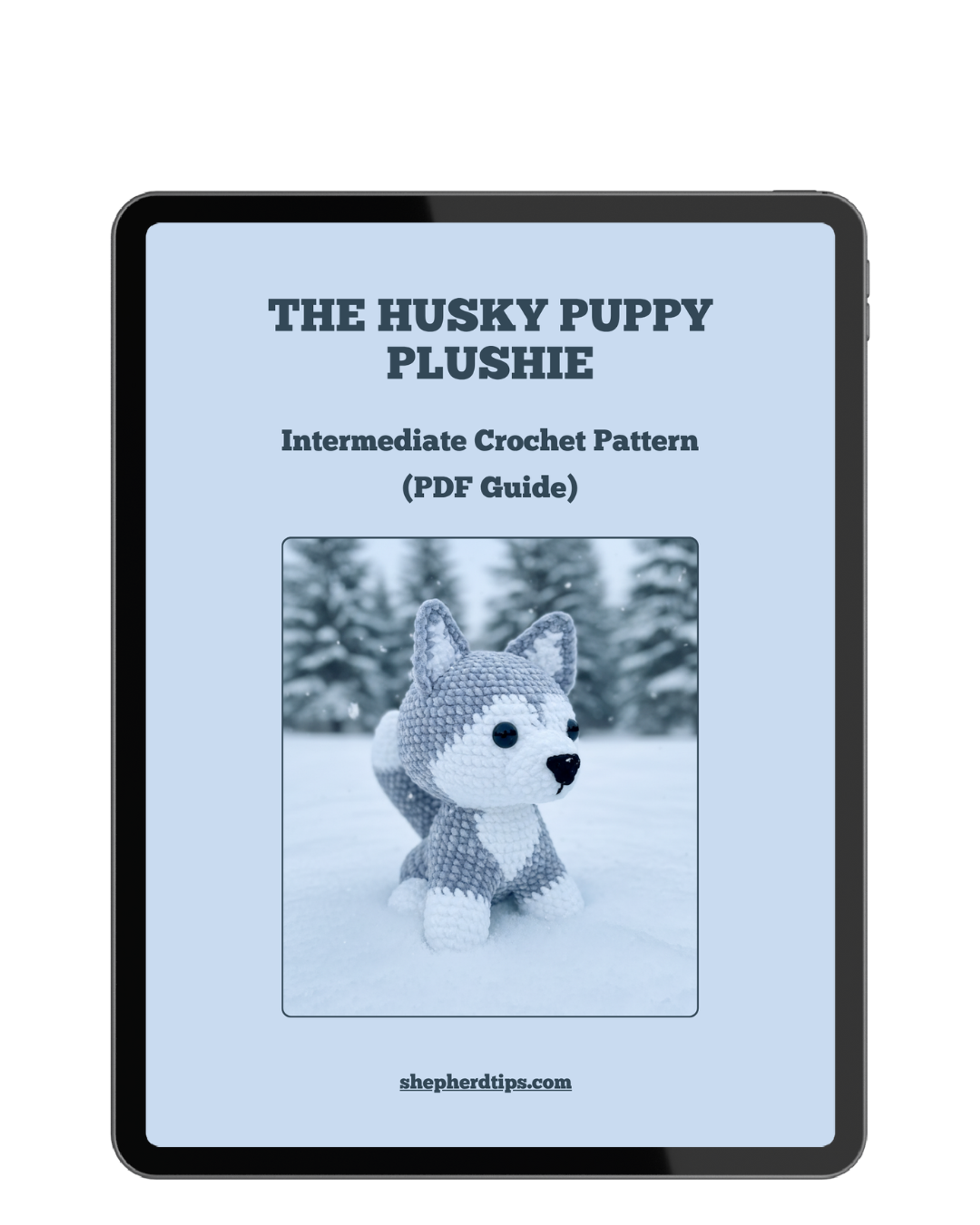 Husky crochet pattern amigurumi PDF cover showing a husky plushie with detailed stitching on a snowy background