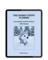 Husky crochet pattern amigurumi PDF cover showing a husky plushie with detailed stitching on a snowy background