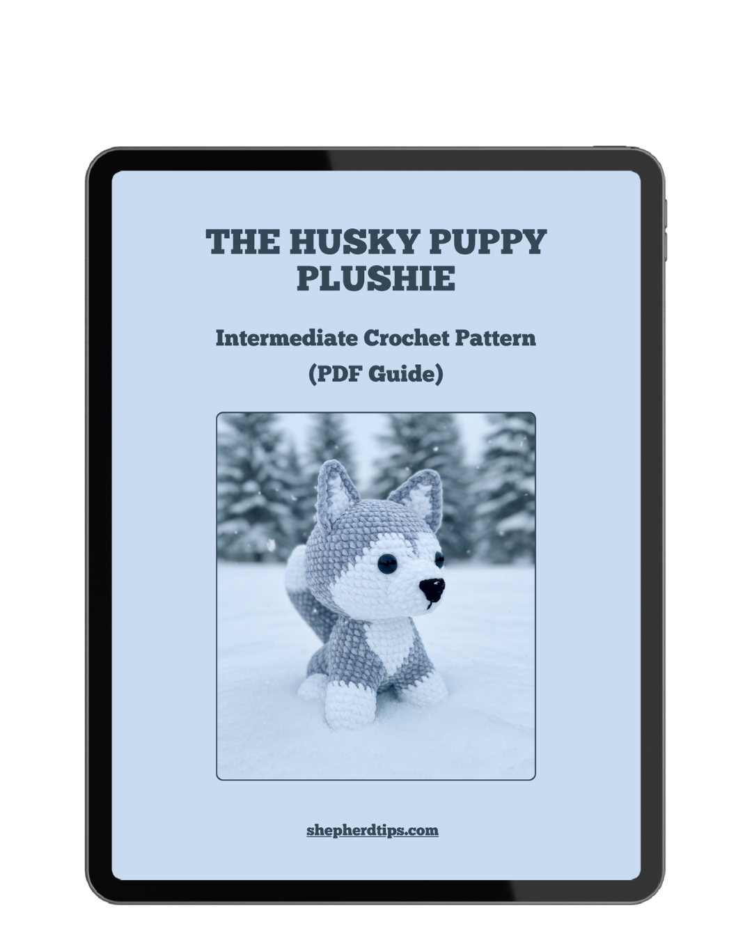 Husky crochet pattern amigurumi PDF cover showing a husky plushie with detailed stitching on a snowy background