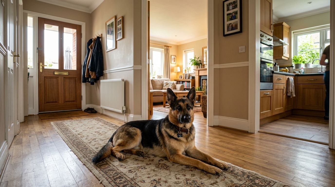 German Shepherd letting out a dramatic sigh while lying upside down