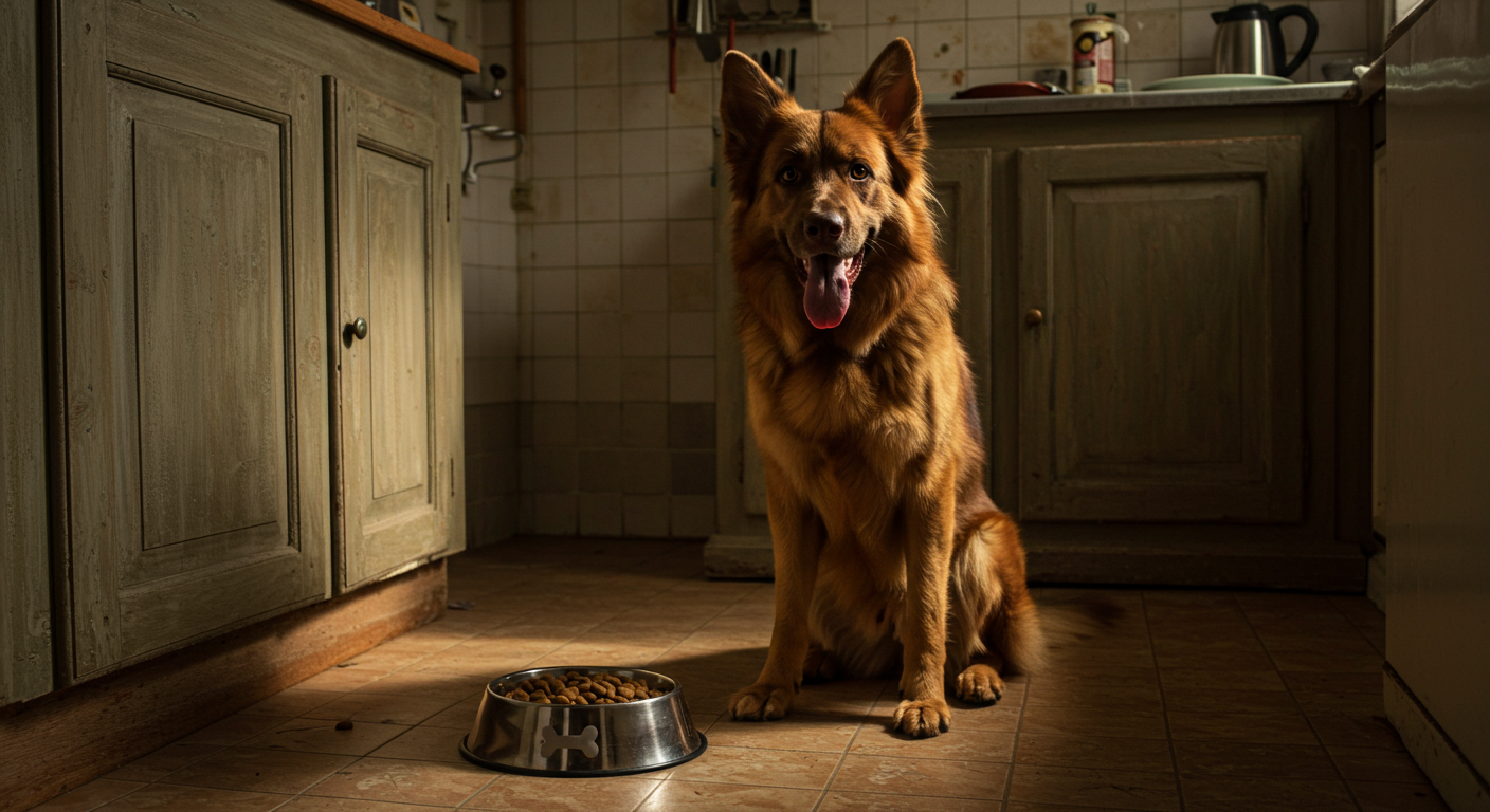 The Best Dog Food for German Shepherds: A healthy GSD with a shiny coat sits in a sunlit park beside a bowl of premium kibble with meat and vegetables