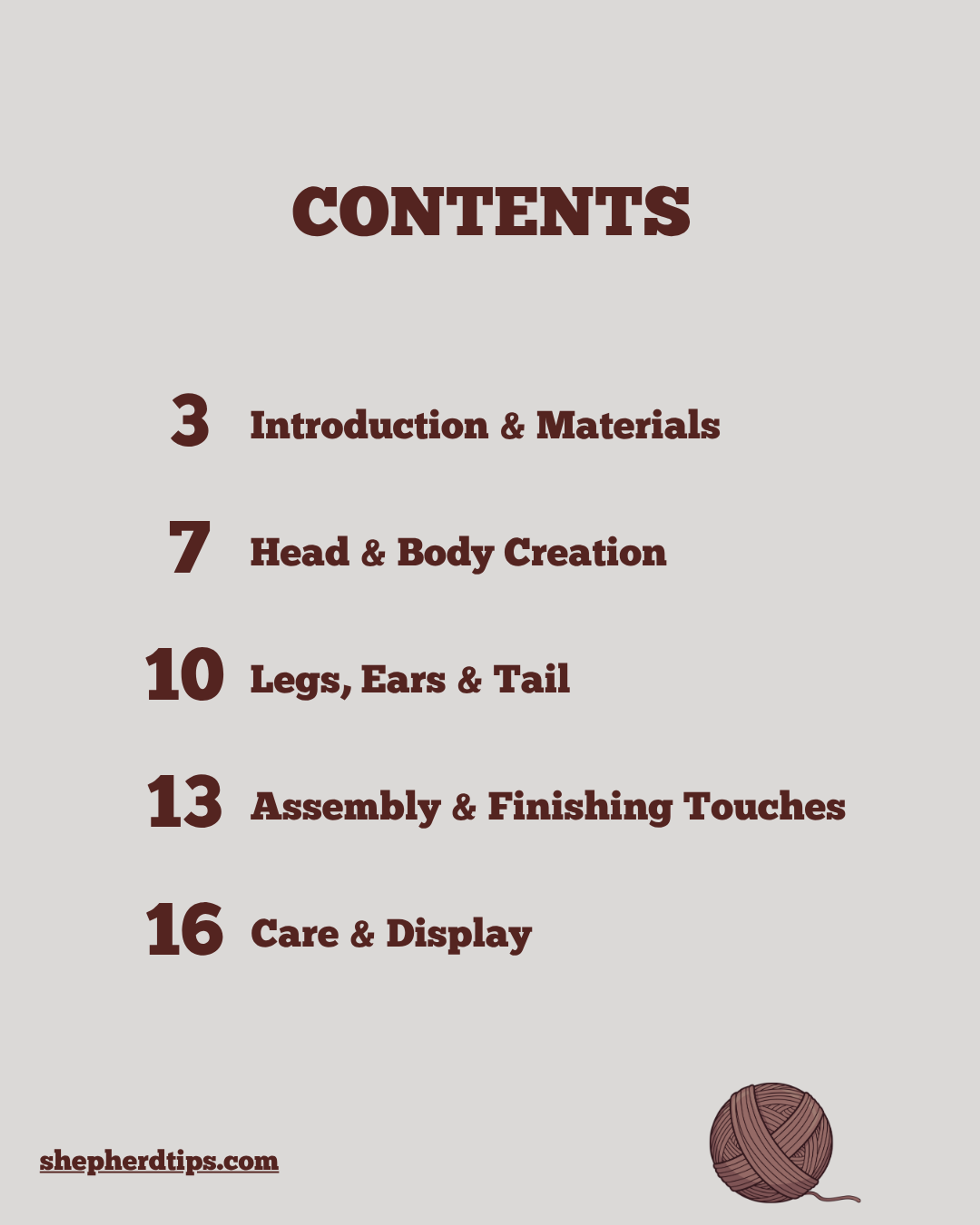 Crochet German Shepherd pattern PDF showing table of contents with sections for introduction, materials, head and body creation, legs, ears, tail, assembly, finishing touches, care, and display