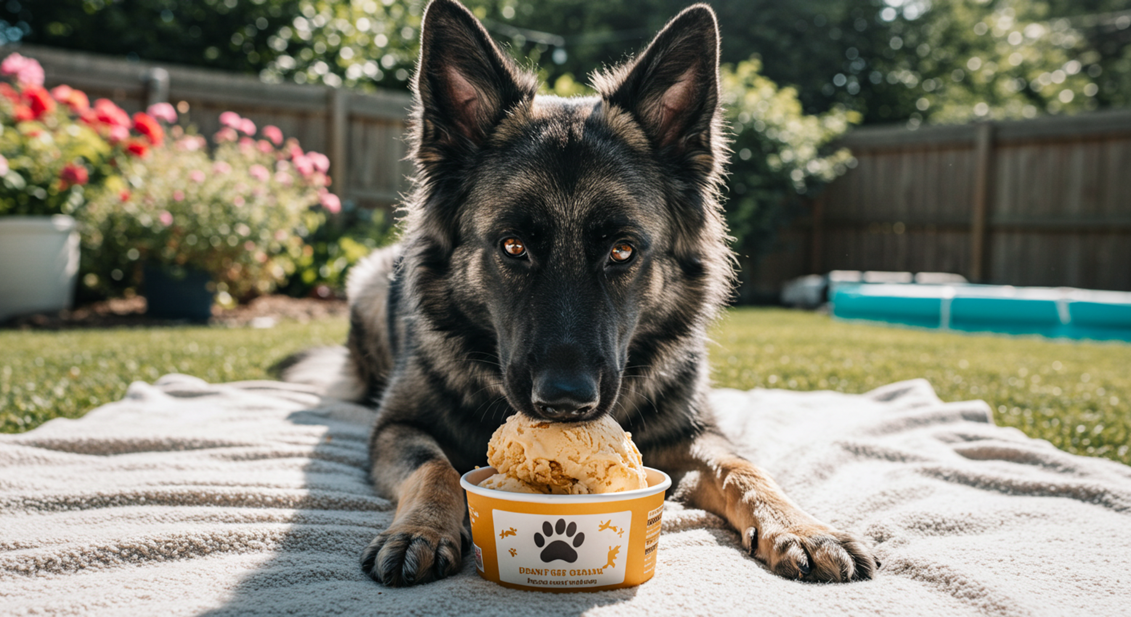 a german shepherd laying on a blanket eating ice cream