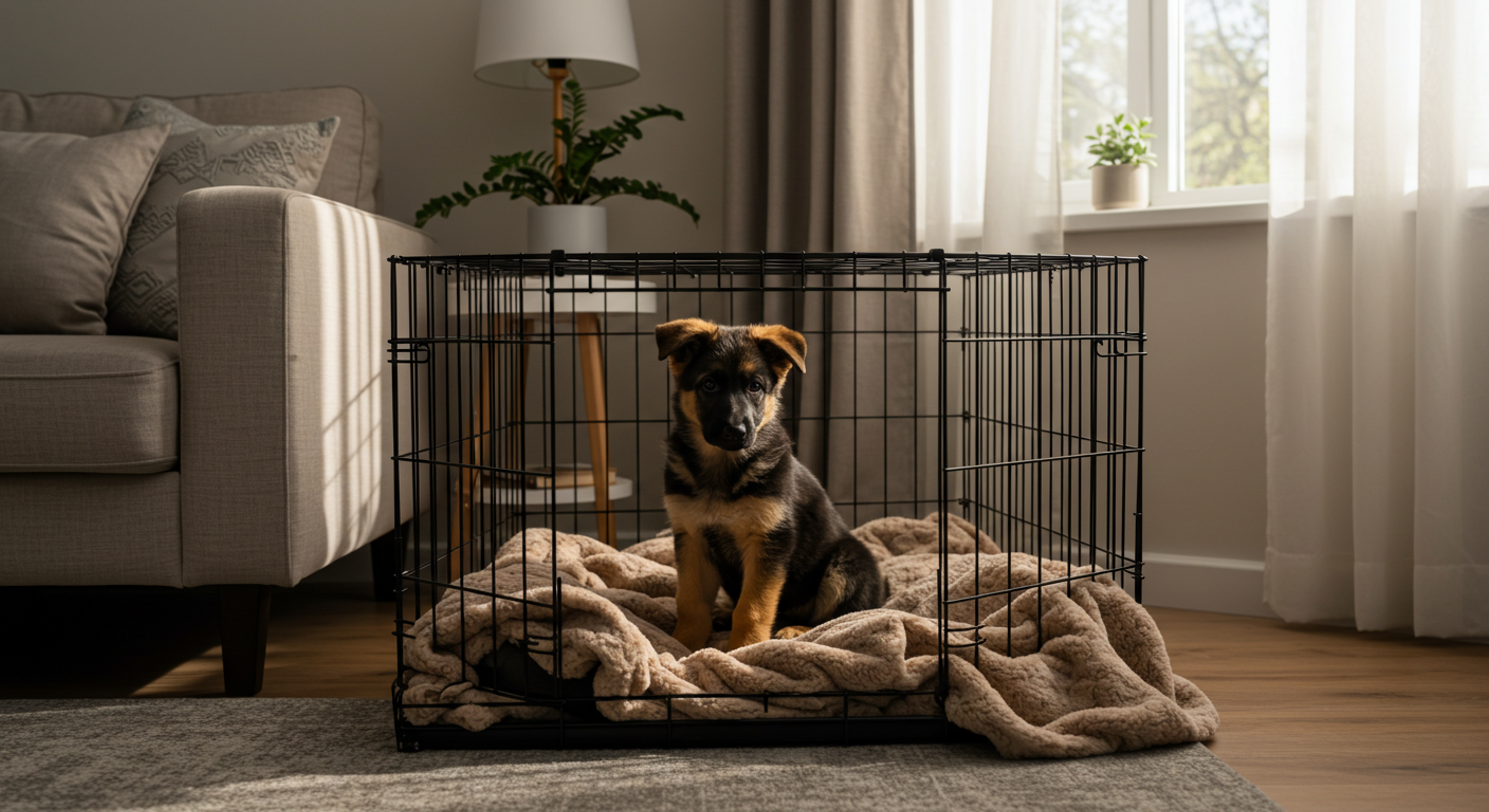 a puppy is sitting in a cage in a living room