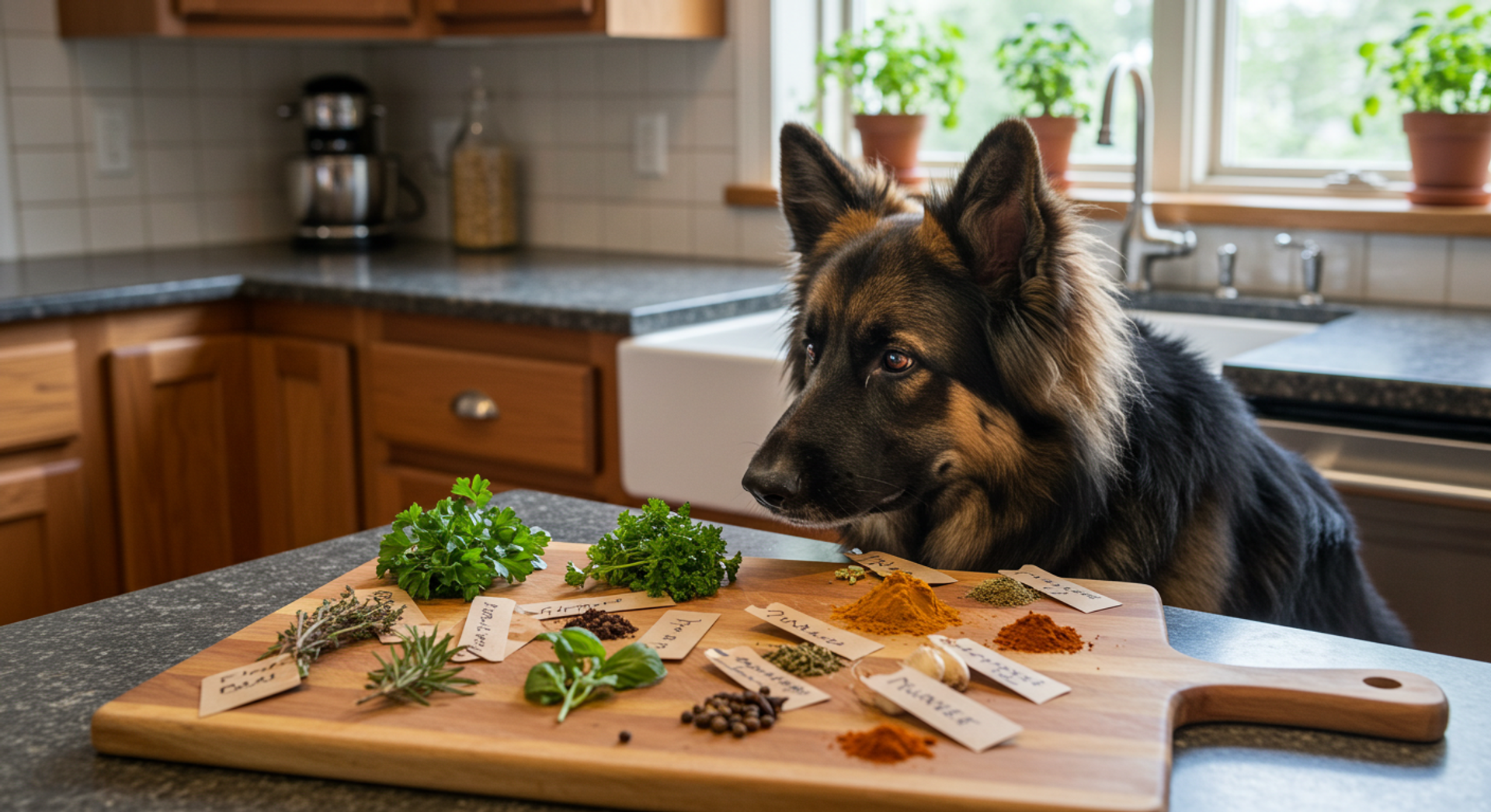 a german shepherd looking at a cutting board with spices on it