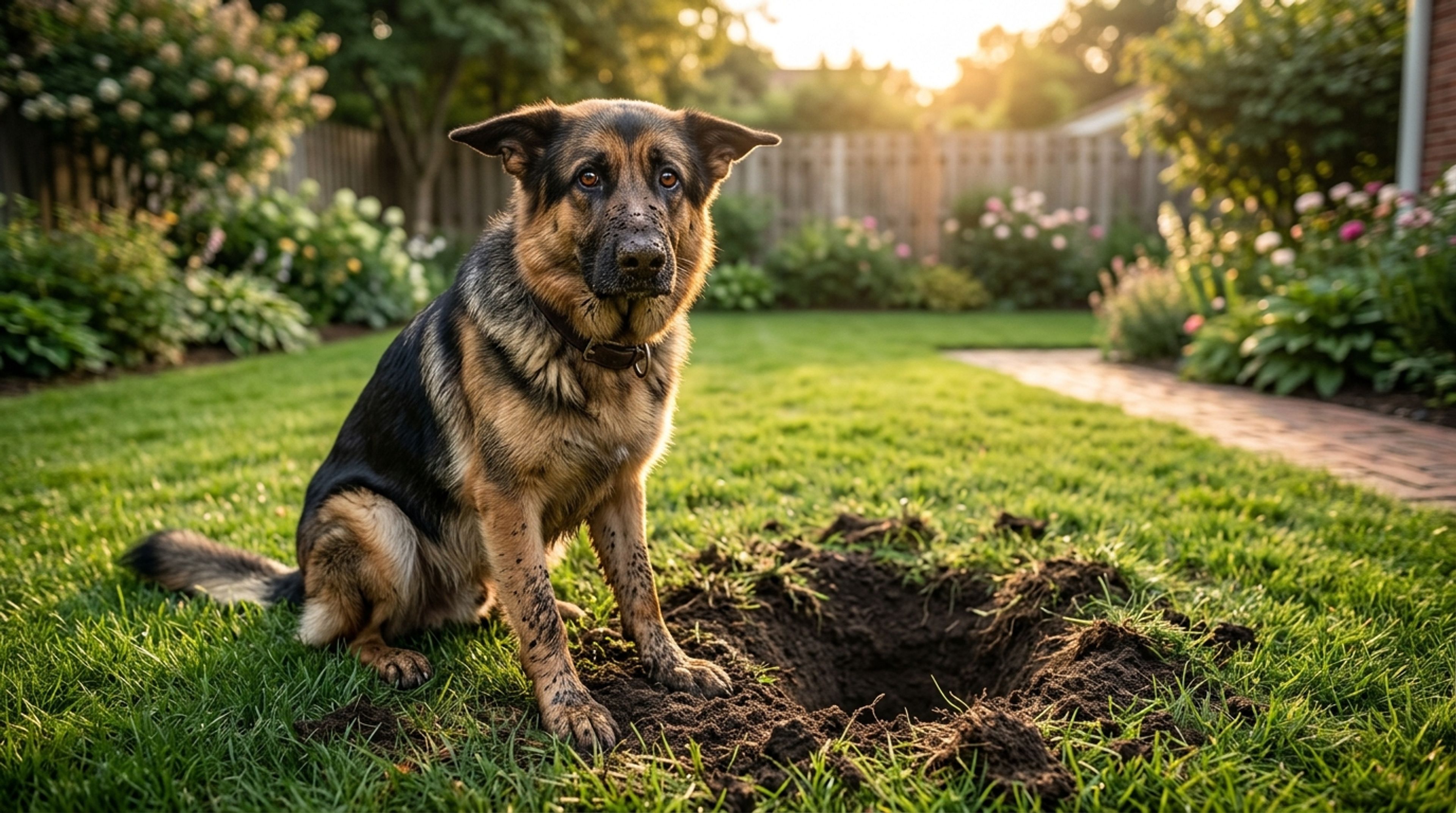 Guilty-looking German Shepherd sitting next to a freshly dug hole in a dirt yard