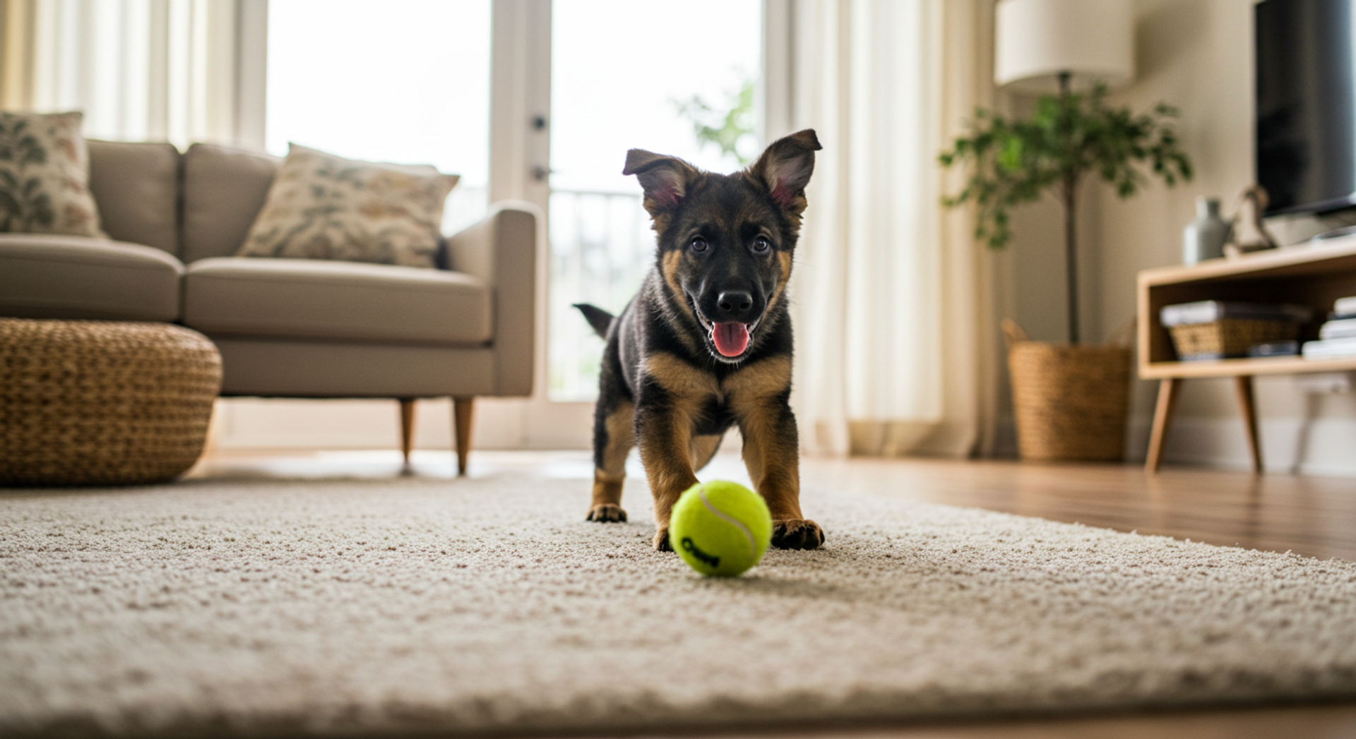 a puppy playing with a tennis ball in a living room