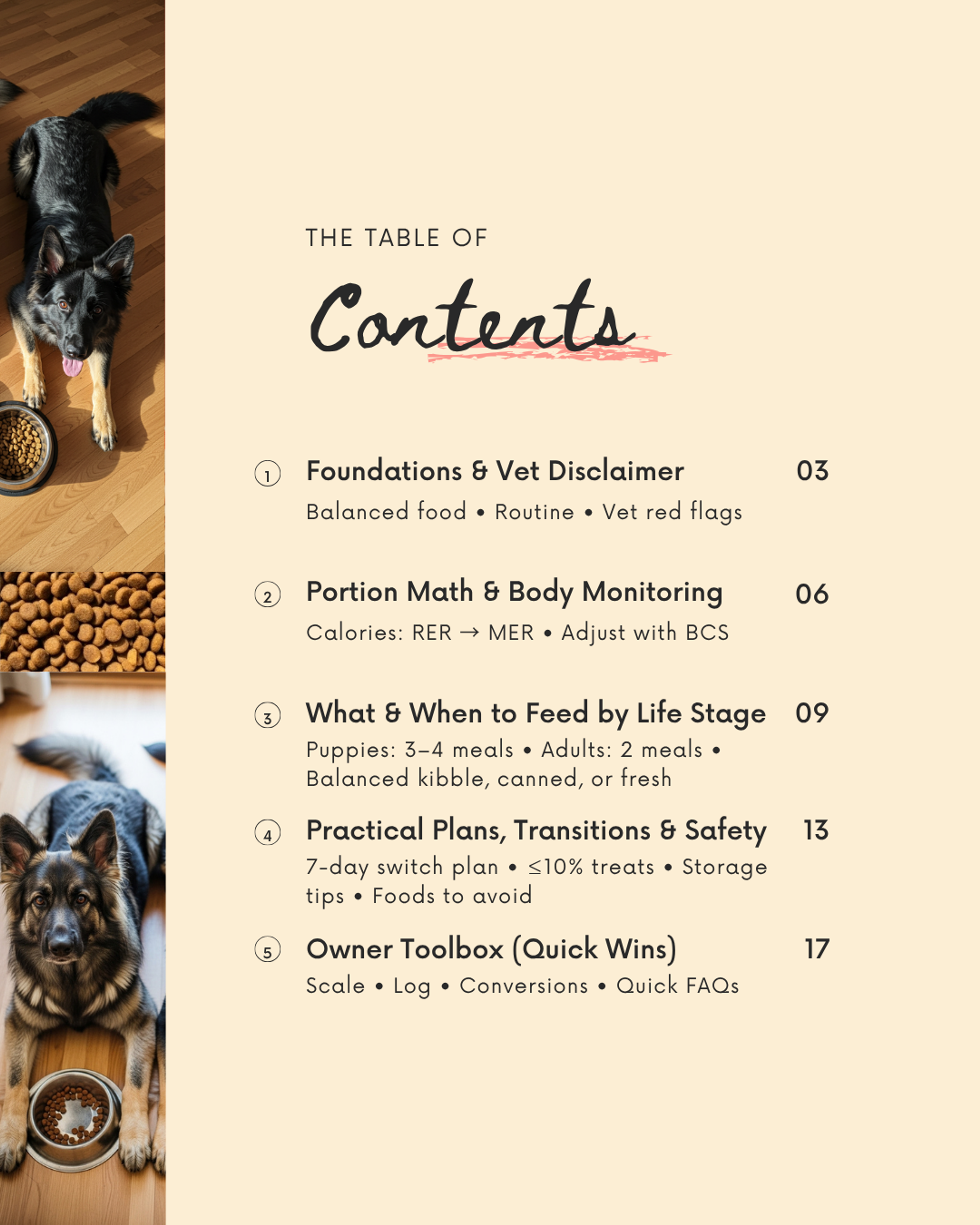 German Shepherd Nutrition 101 ebook table of contents with dog images and chapter listings.