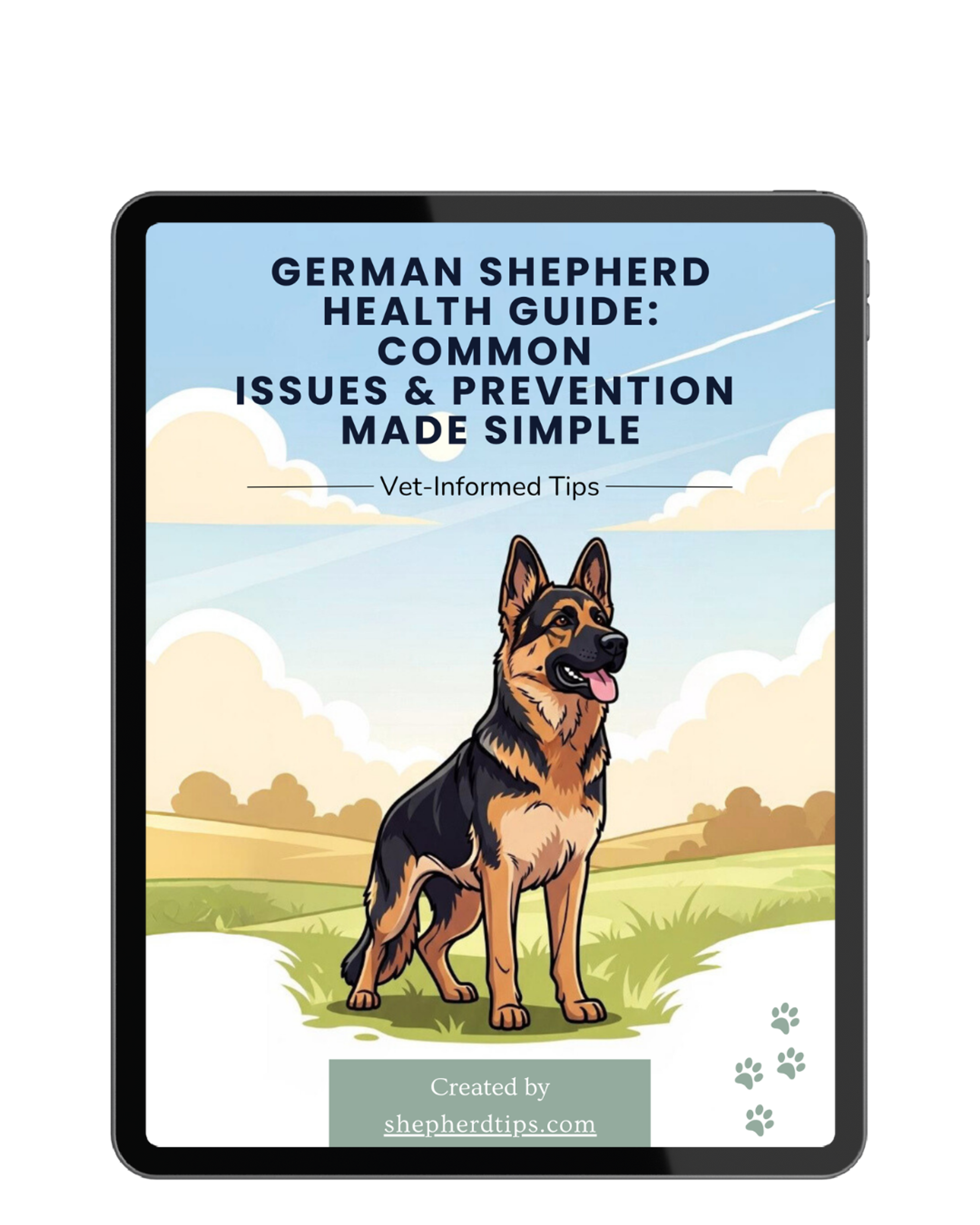 German Shepherd Health Guide ebook cover showing illustration of a German Shepherd in a scenic landscape