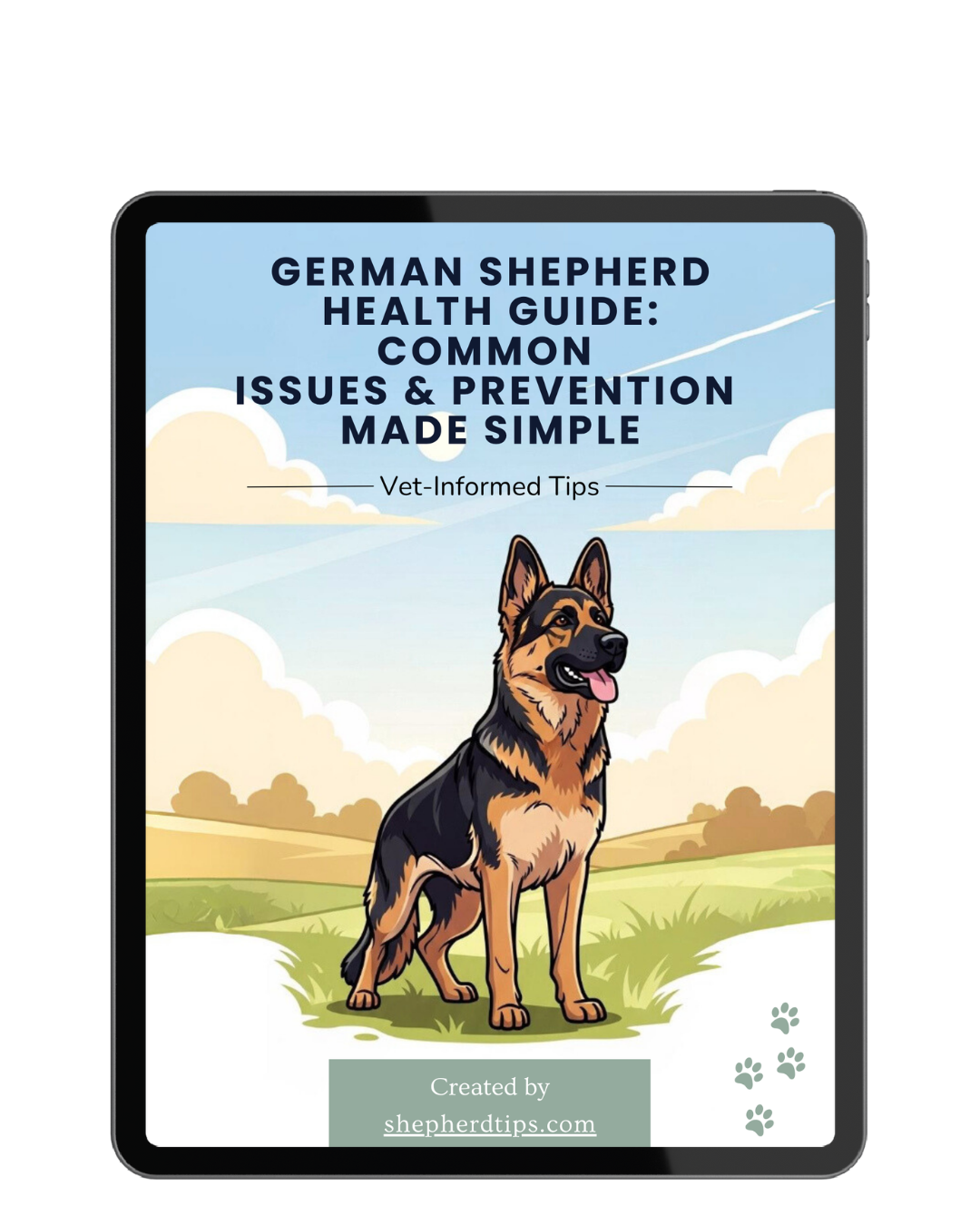 German Shepherd Health Guide ebook cover showing illustration of a German Shepherd in a scenic landscape