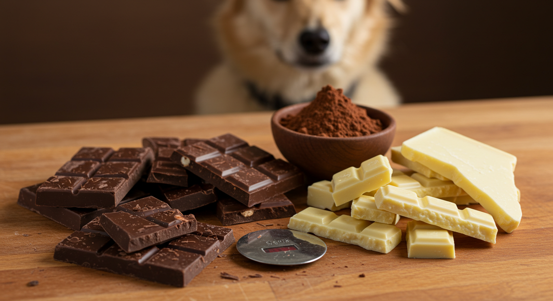 Dark, milk, and white chocolate with cocoa powder on a wooden table.