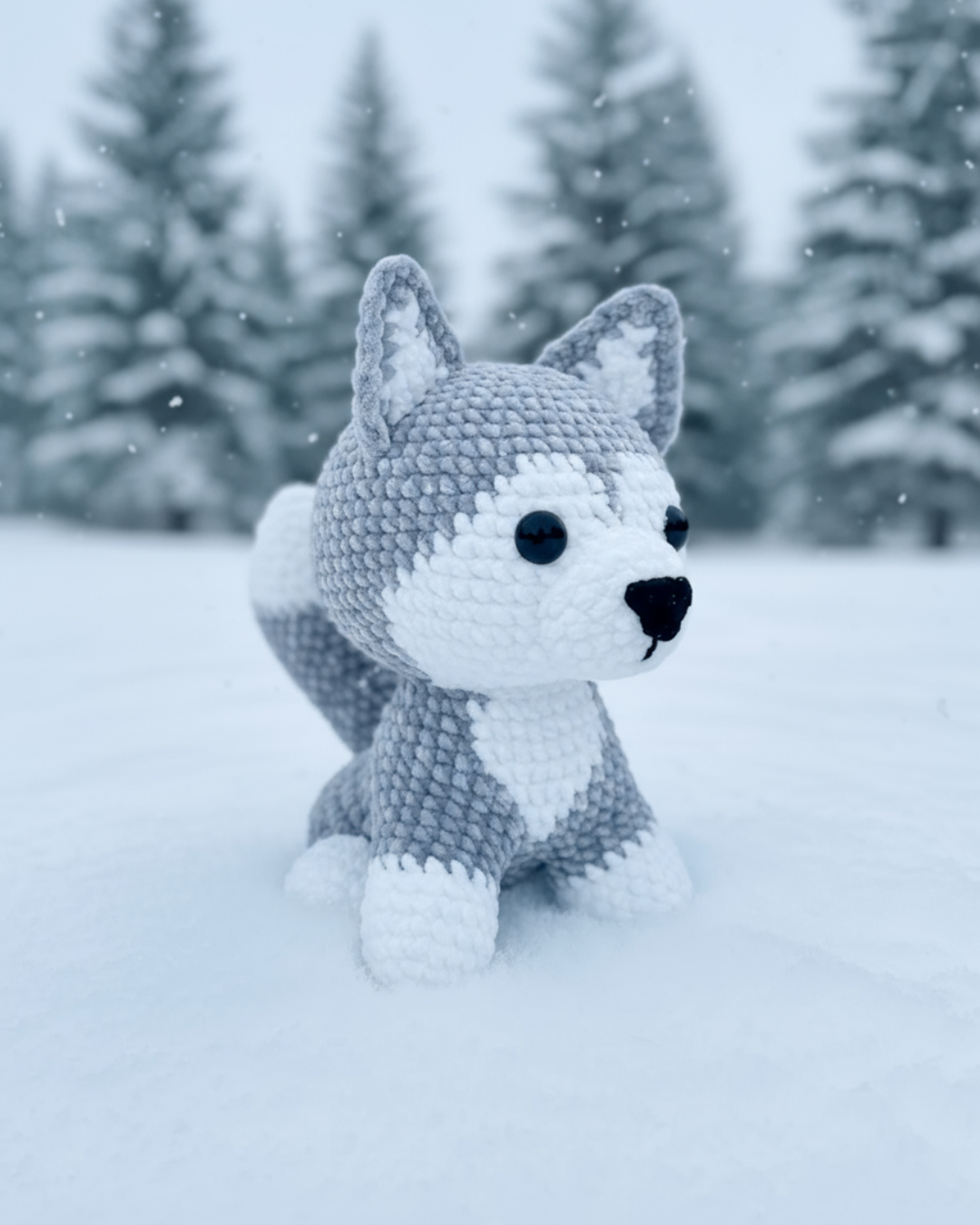 Husky crochet pattern amigurumi showing a finished crochet husky dog in a snowy outdoor setting with detailed stitching and realistic design