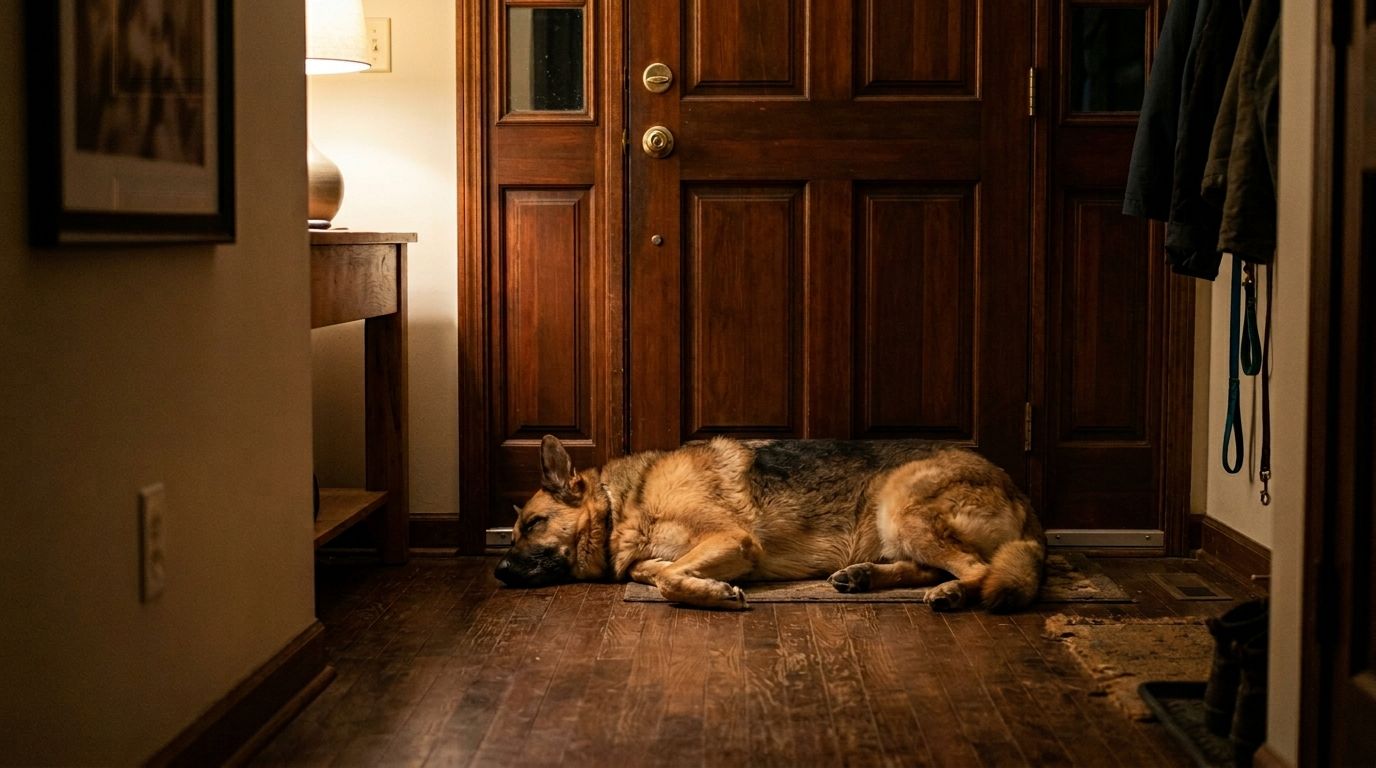 German Shepherd sleeping soundly with its back pressed flat against the front door