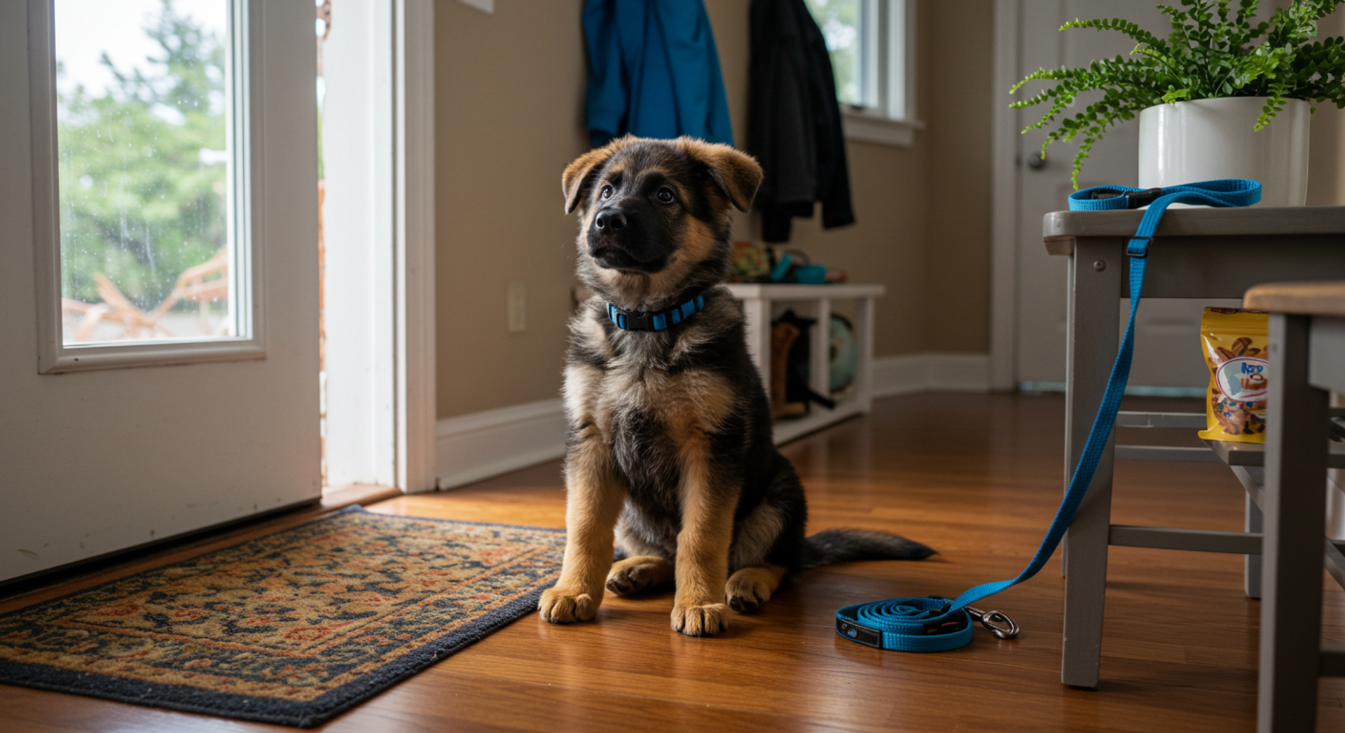 a german shepherd puppy is sitting on the floor in front of a door