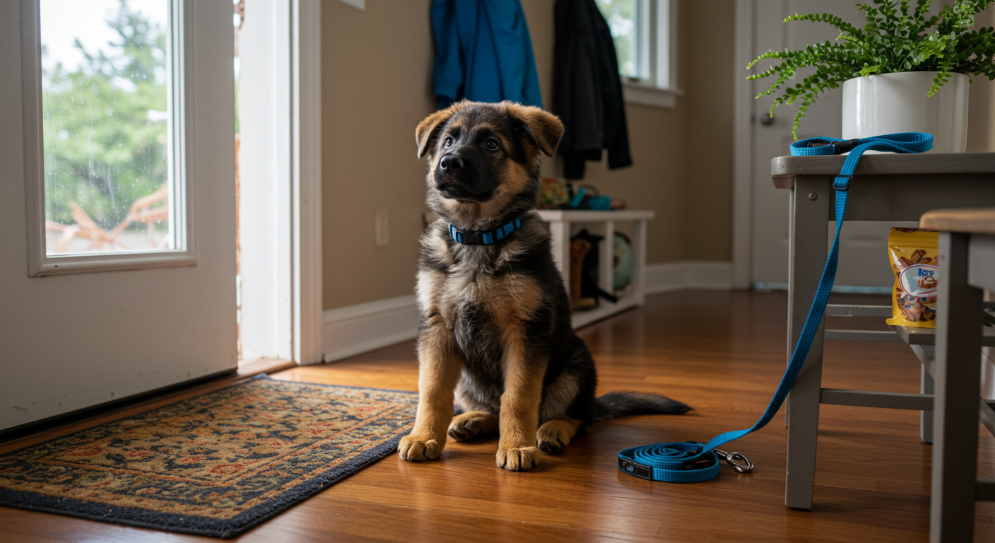 a german shepherd puppy is sitting on the floor in front of a door
