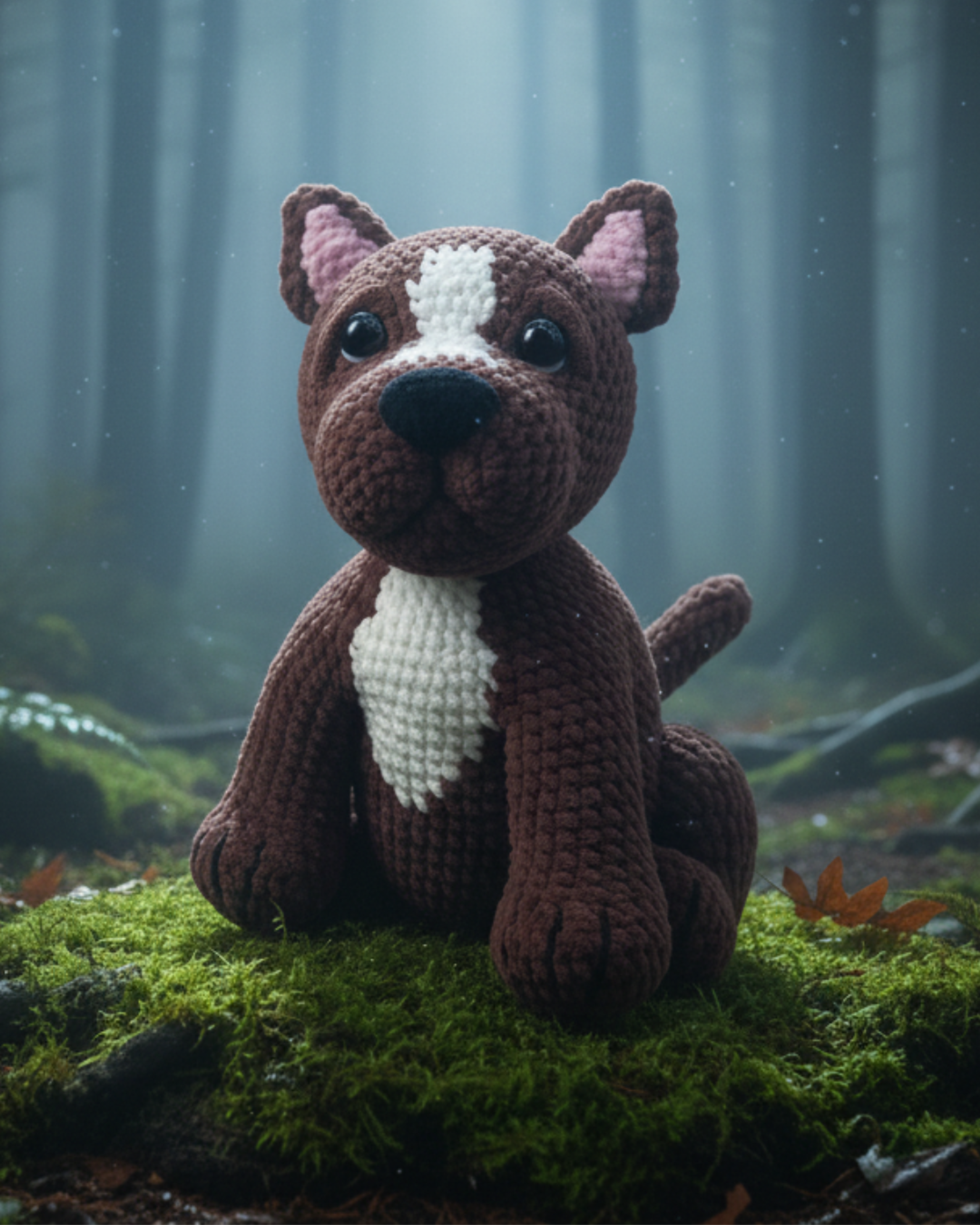 Crochet German Shepherd amigurumi showing the front view with detailed stitching and realistic design in a forest setting